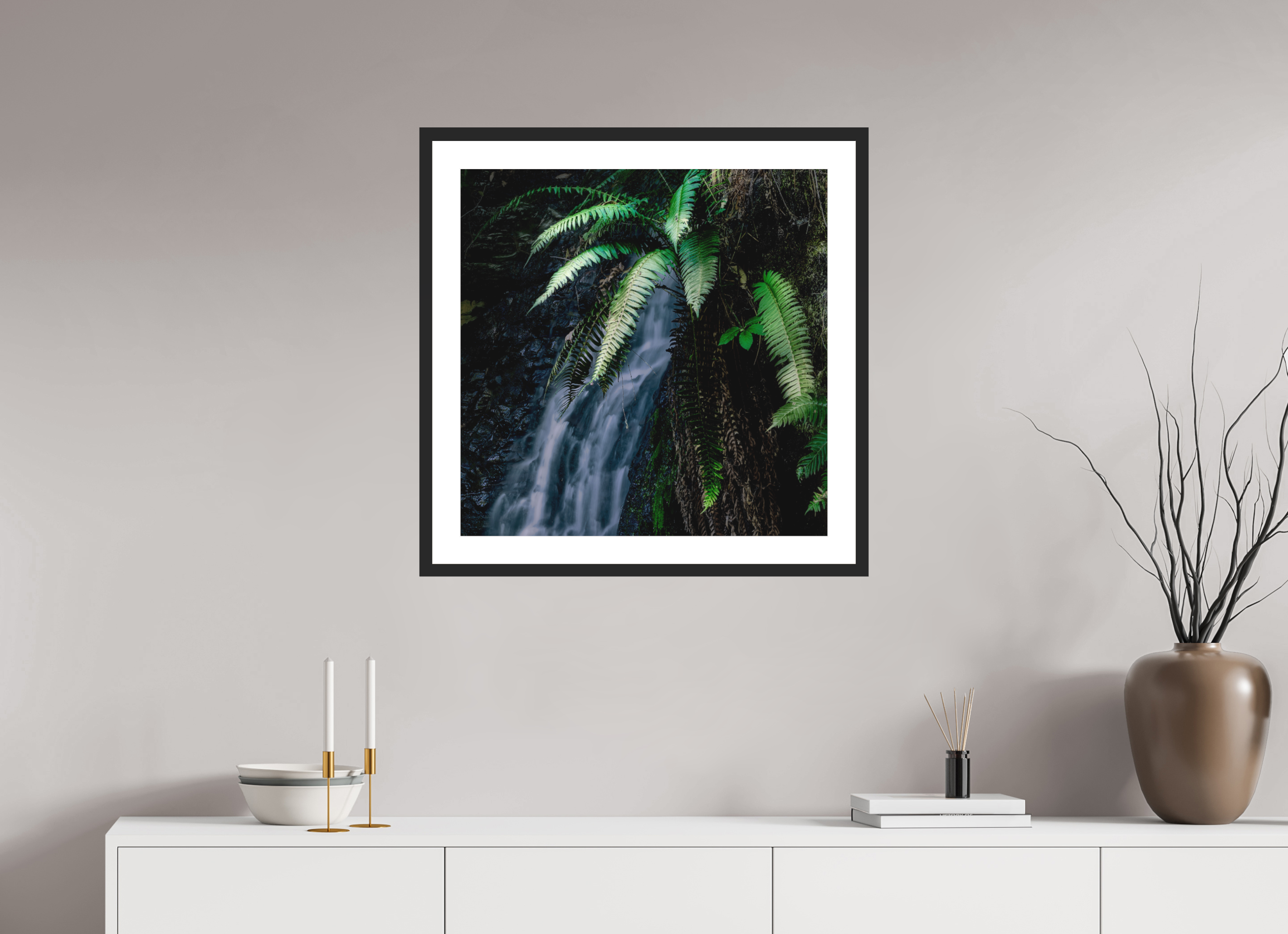 25 x 25″, Passe-Partout Black Frame Sword Ferns on Tiptoe FallsI