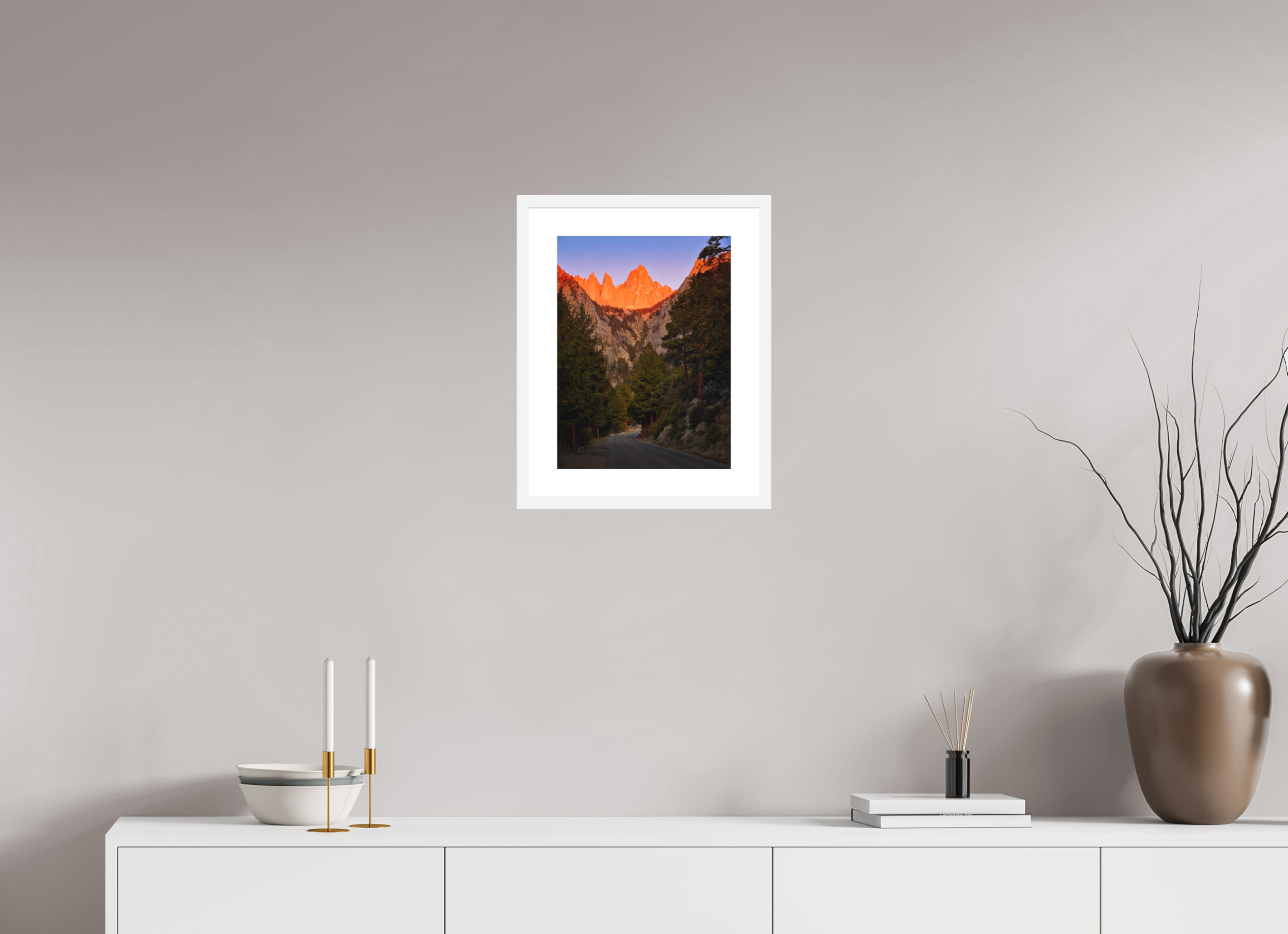 12 x 16″, Passe-Partout White Frame Alpenglow on Mt. Whitney & Portal Road