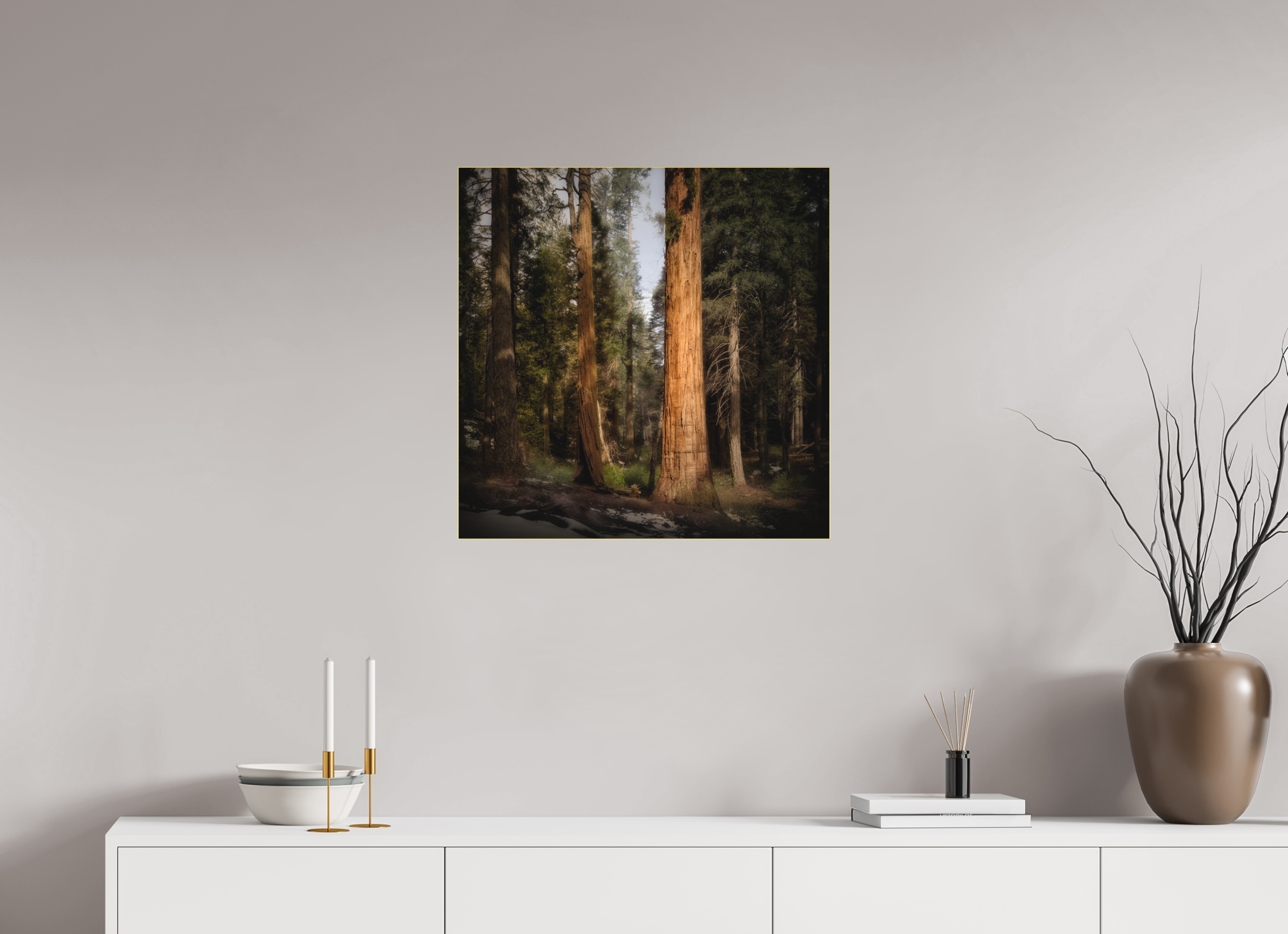 25 x 25″, Bonded Acrylic Gold Frame Northern Sentinels I: The Placer County Sequoias