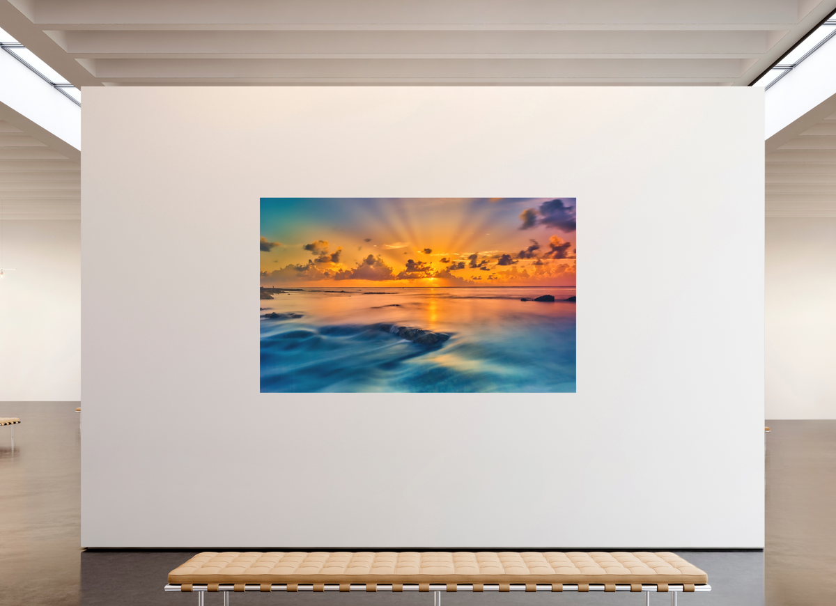 95.6 x 59″, Bonded Acrylic Silver Frame Diluvian: Bora Bora Reefside Sunrise