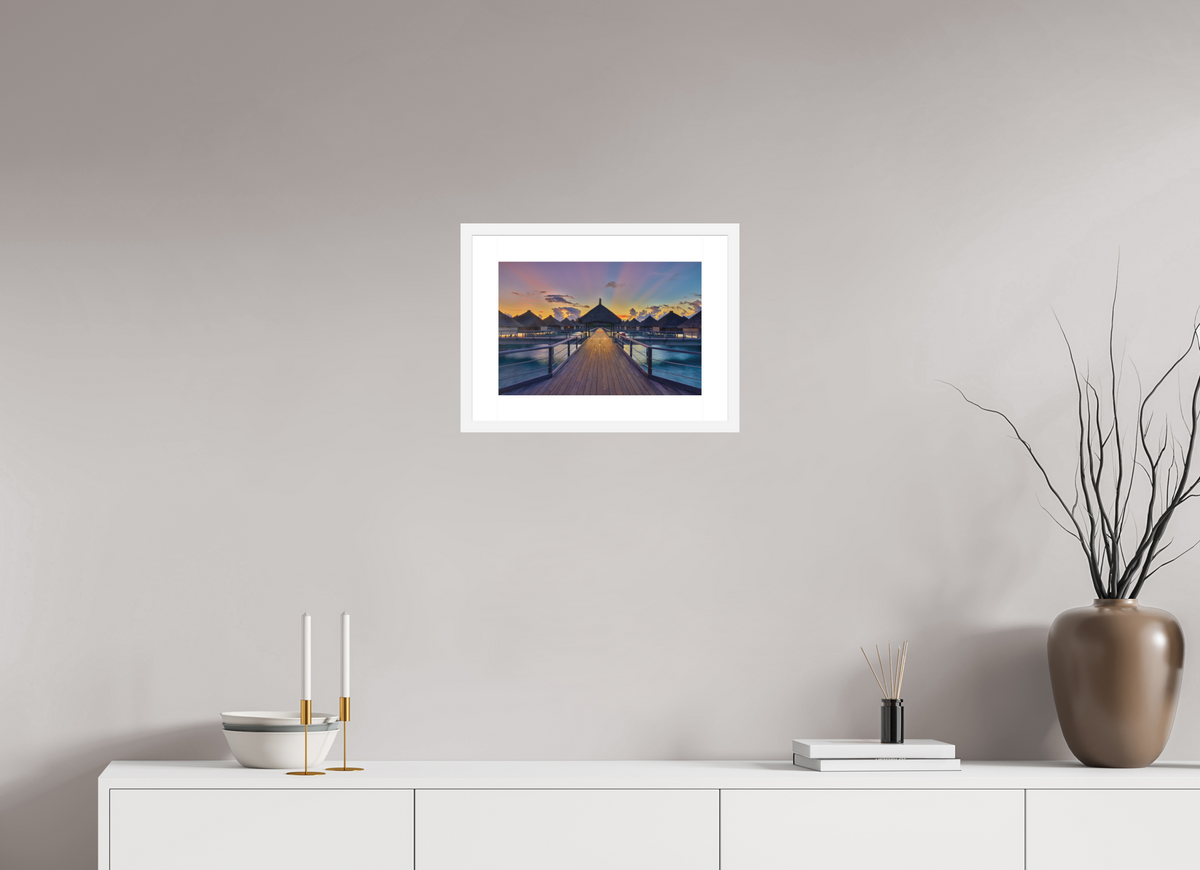 15 x 10″, Passe-Partout White Frame Sunrise Over Bora Bora Overwater Bungalows