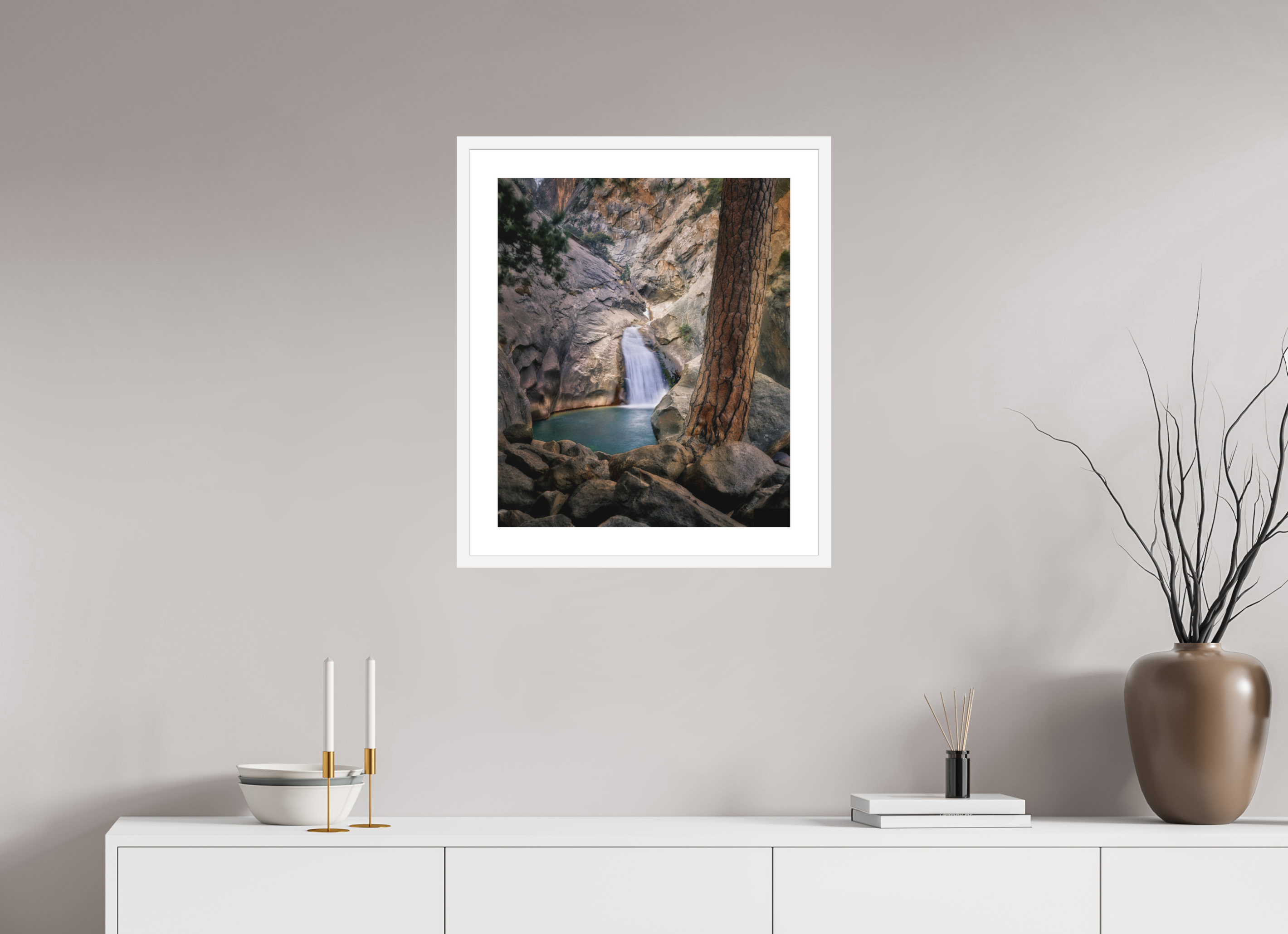 20 x 23.8″, Passe-Partout White Frame Roaring River Falls I —Kings Canyon