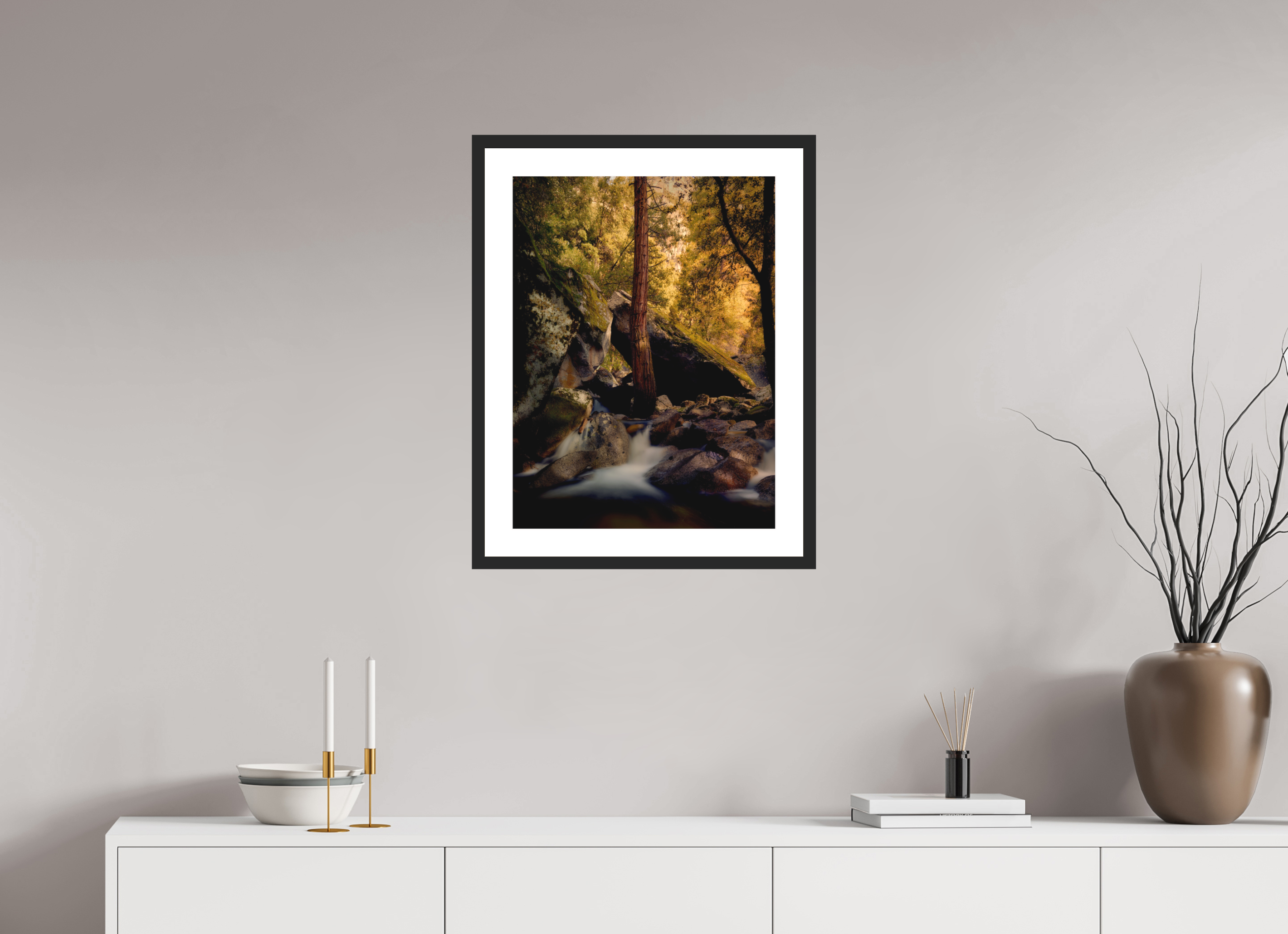 18 x 24″, Passe-Partout Black Frame Yosemite's Cascade Creek at Sunrise