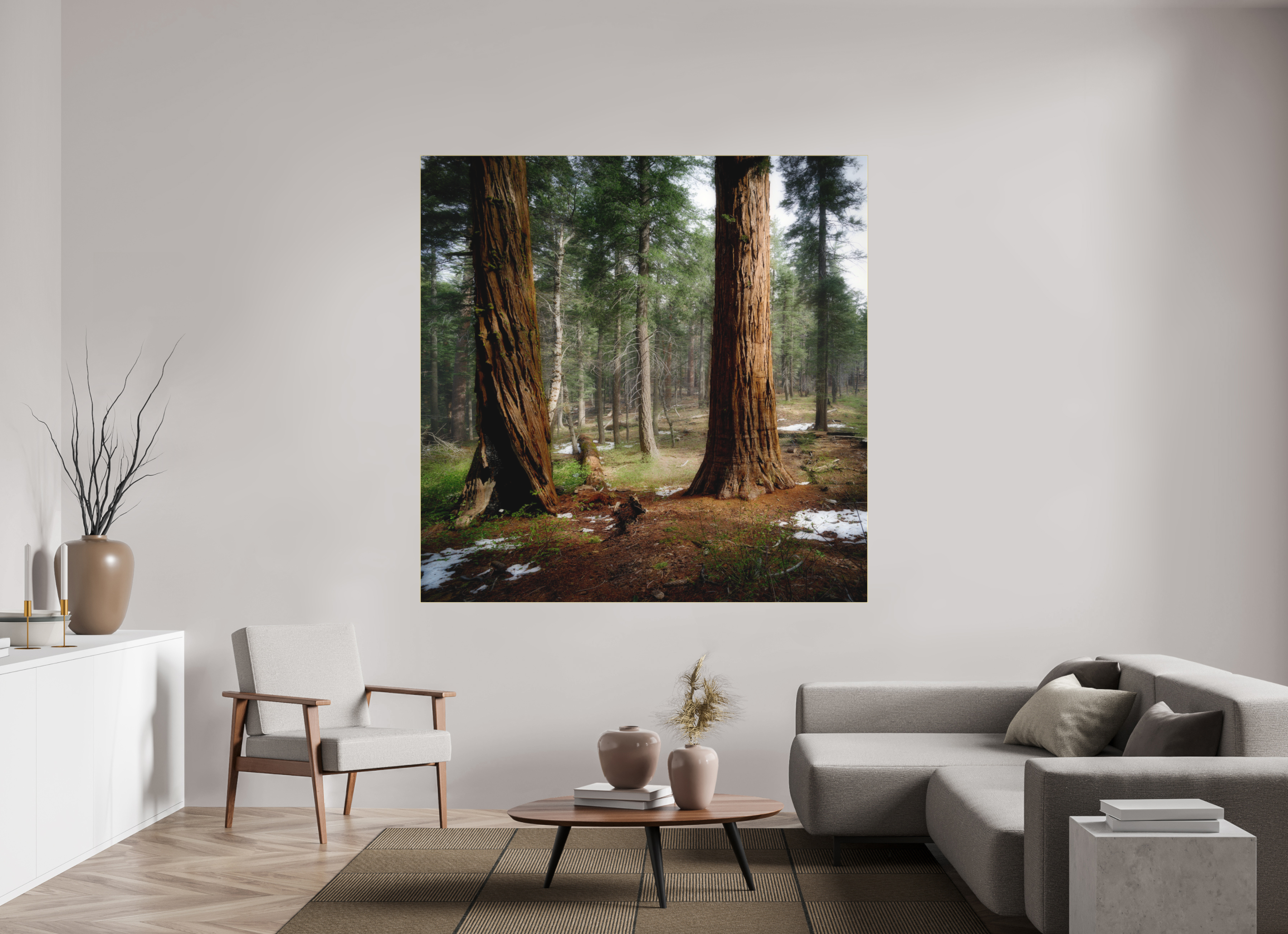 70 x 70″, Bonded Acrylic Gold Frame Northern Sentinels II: The Placer County Sequoias