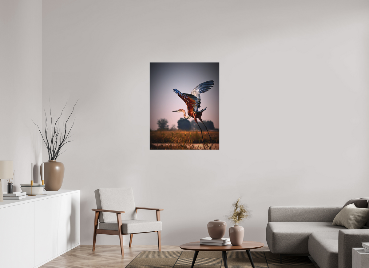 31 x 38.7″, Bonded Acrylic Silver Frame Goliath Heron Takes Flight on the Chobe River