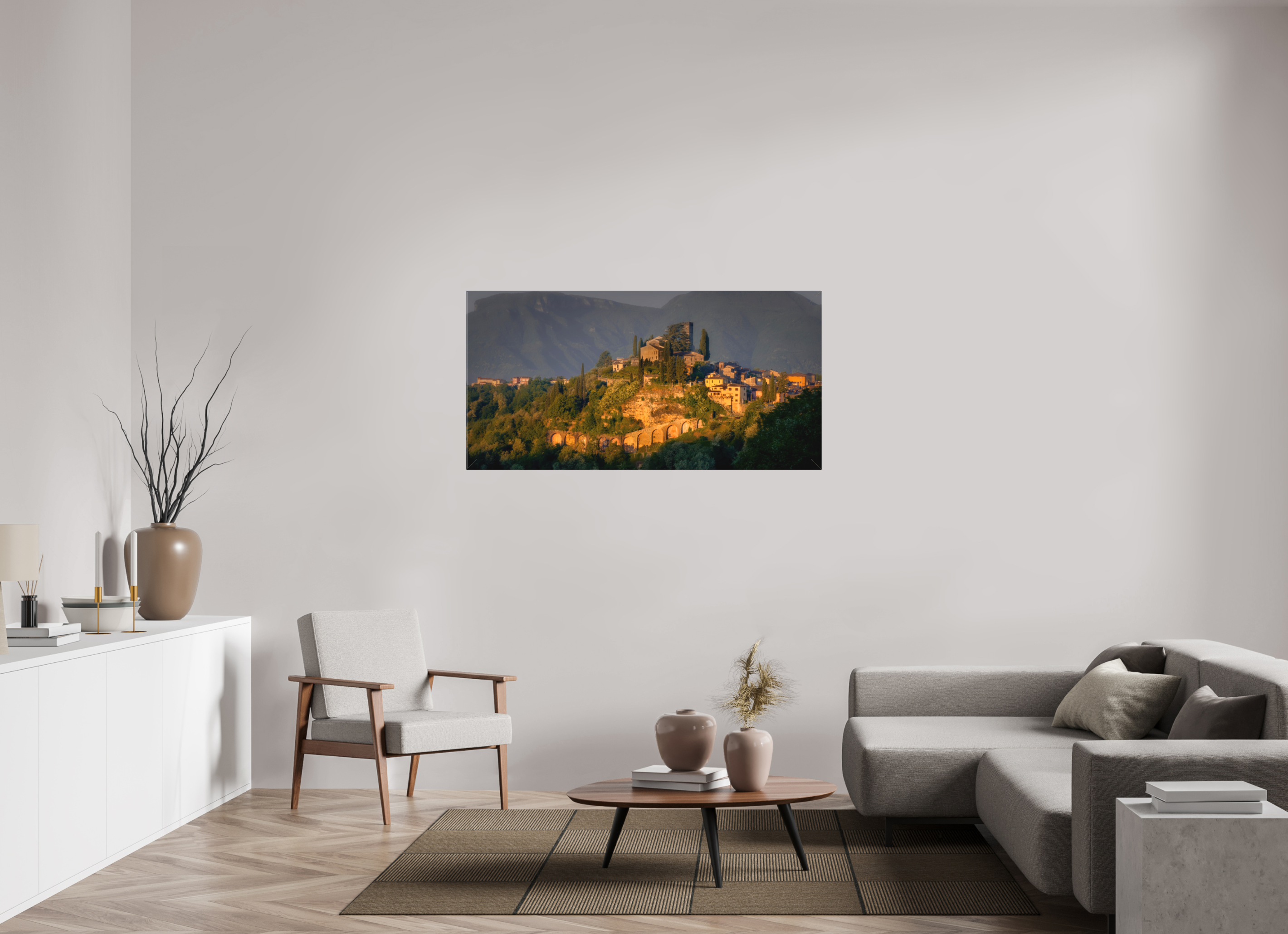 56 x 28″, Fine Art Textile Morning Glow on Barga, Tuscany