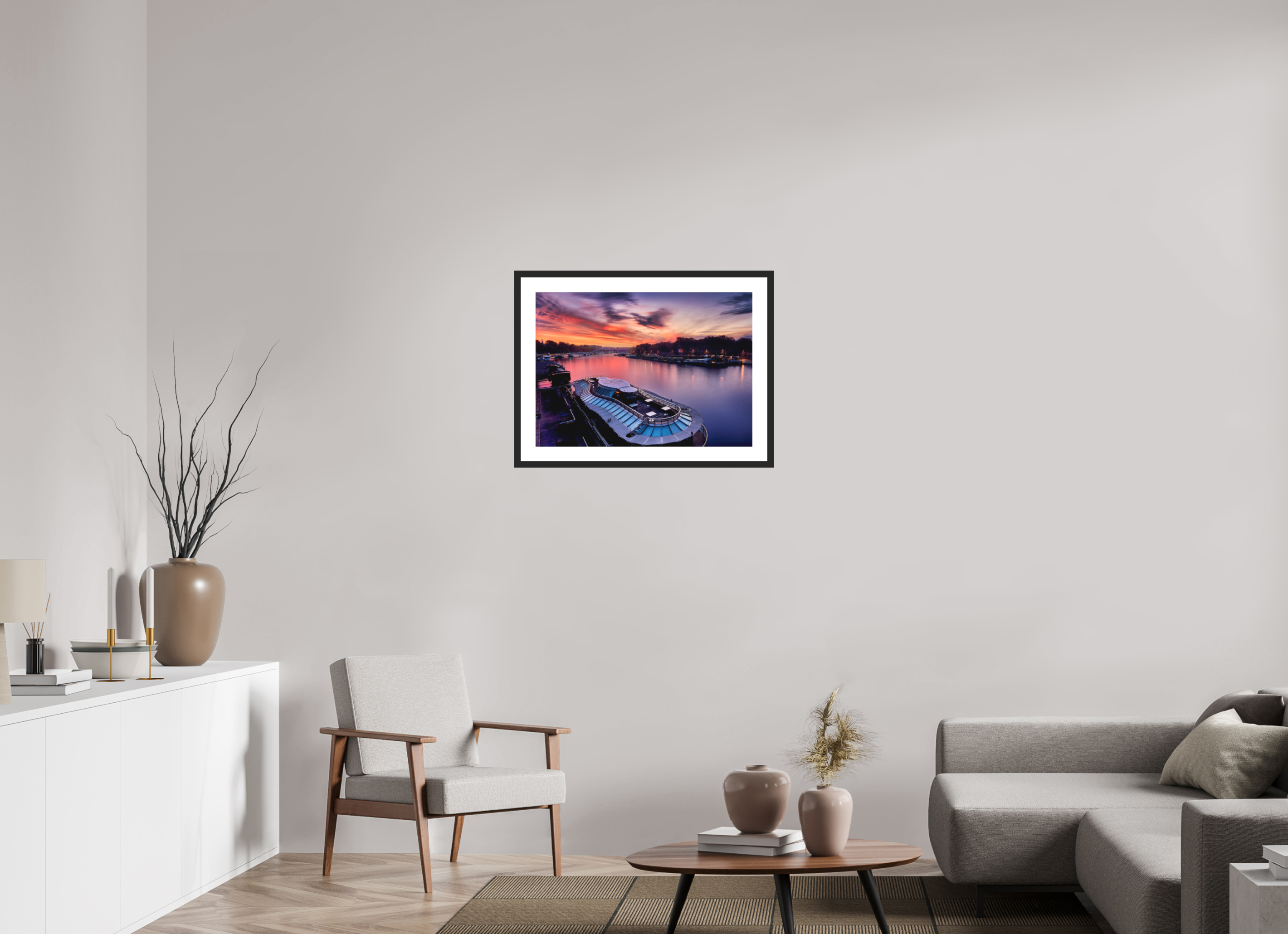 27.9 x 20″, Passe-Partout Black Frame Canal Boats On the River Seine at Dawn