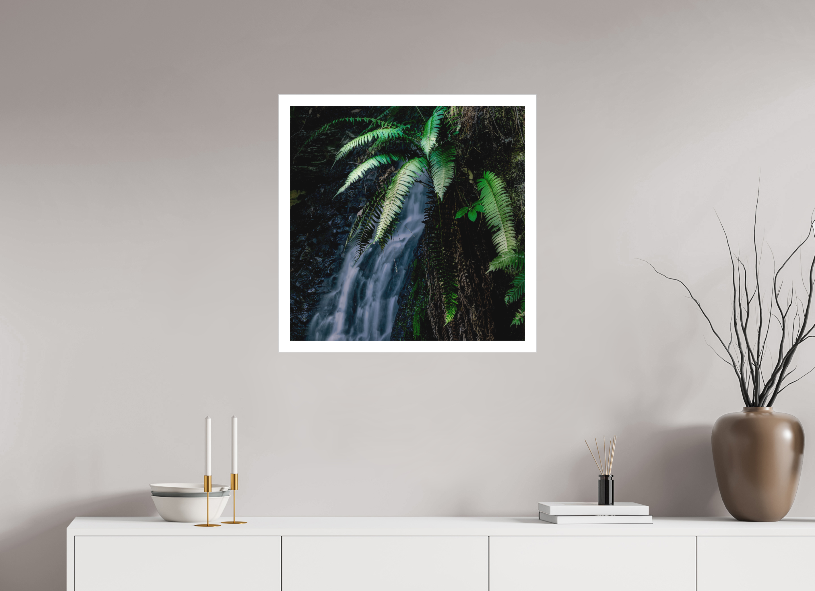 25 x 25″, Fine Art Bonded Acrylic Sword Ferns on Tiptoe FallsI
