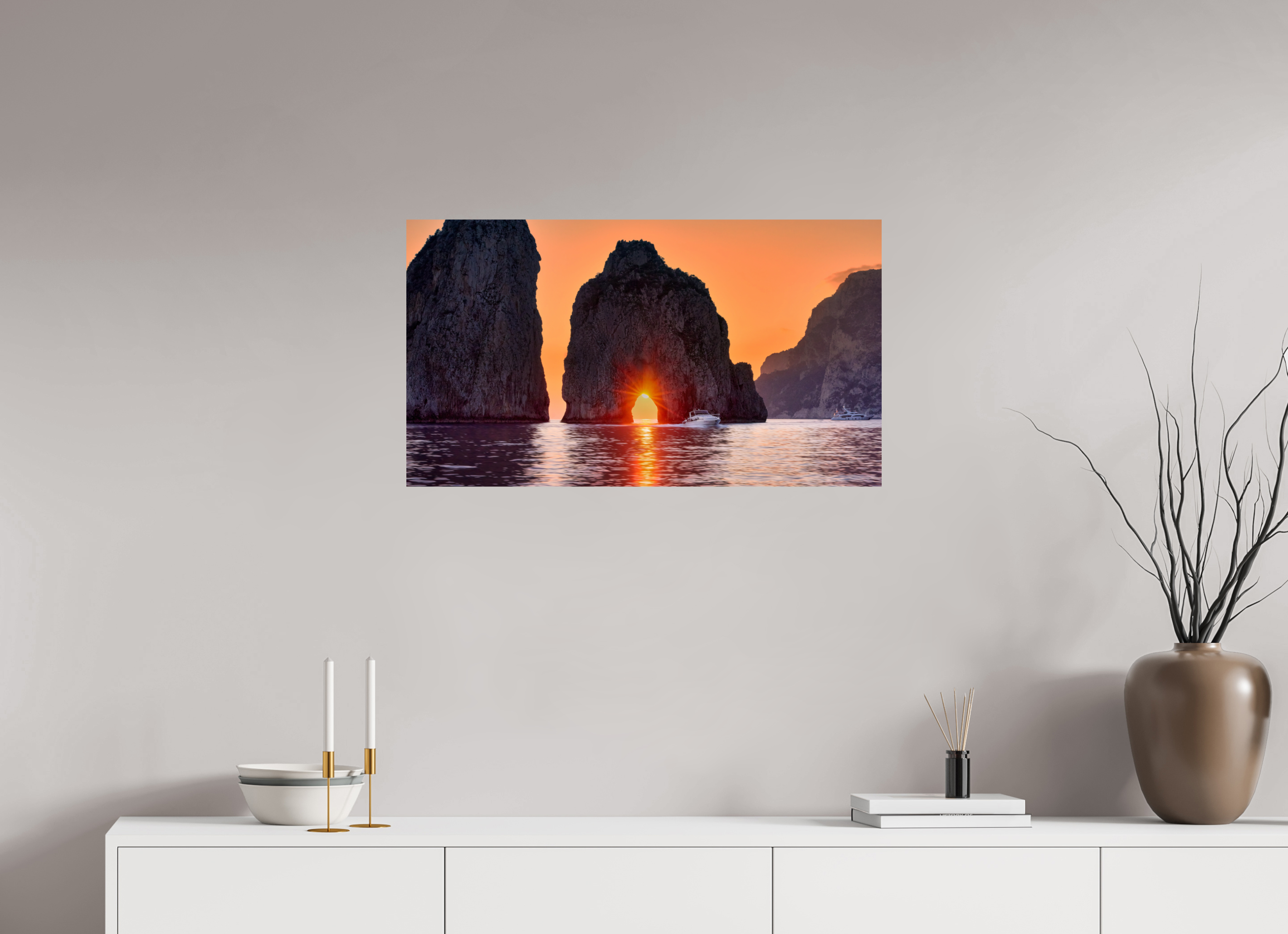 32 x 18″, Giclée Alu-Dibond Leaving Capri—Faraglioni Sunstar at Sunset