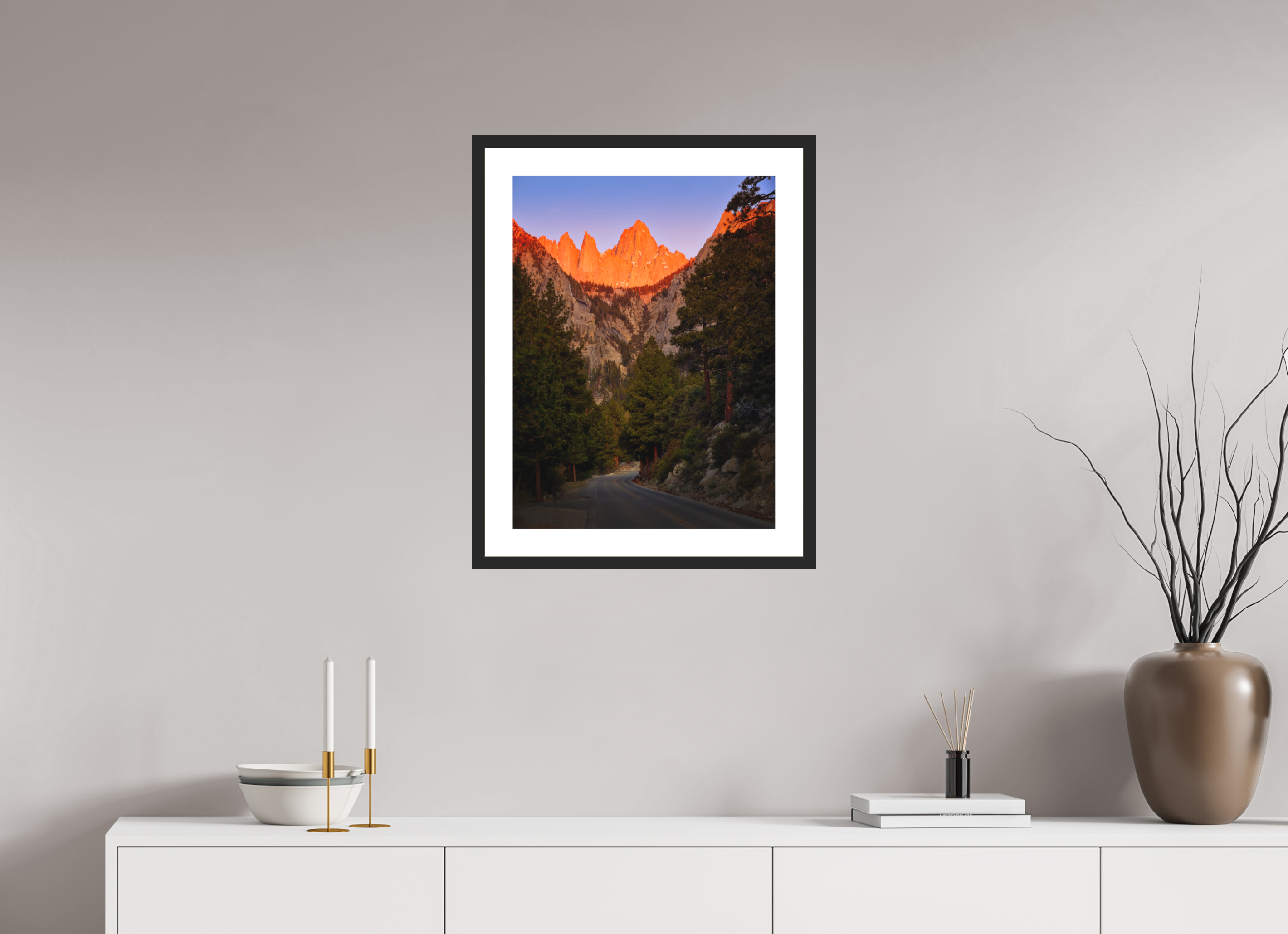 18 x 24″, Passe-Partout Black Frame Alpenglow on Mt. Whitney & Portal Road