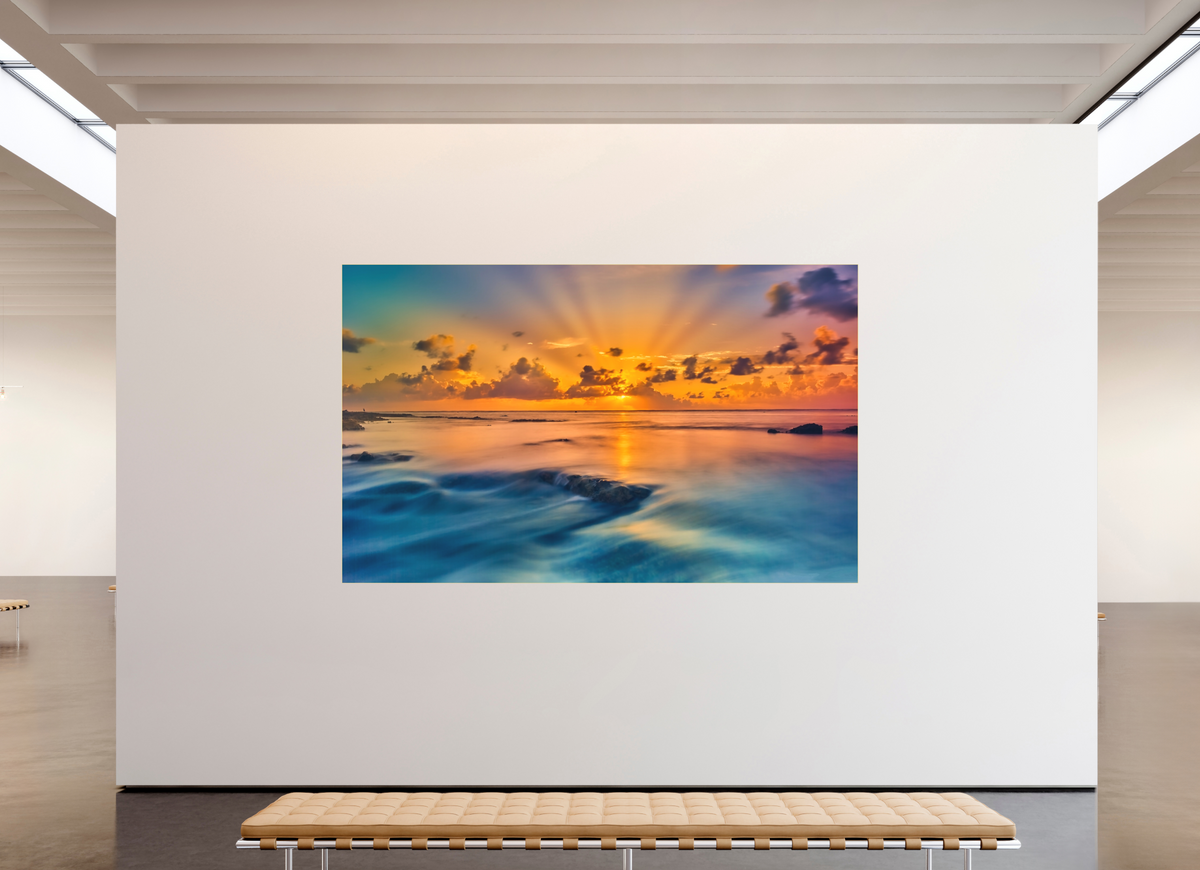 108.5 x 67″, Bonded Acrylic Gold Frame Diluvian: Bora Bora Reefside Sunrise