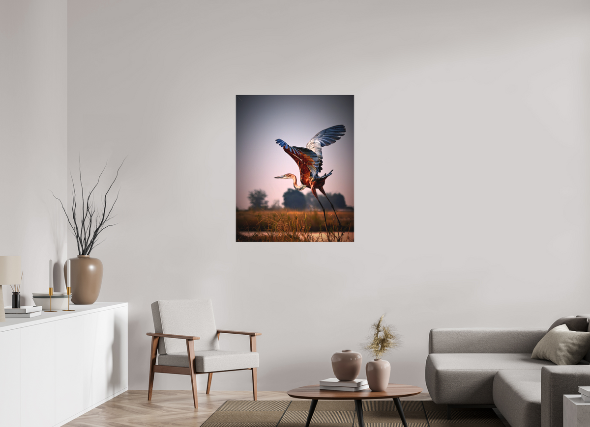 32 x 40″, Fine Art Textile Goliath Heron Takes Flight on the Chobe River