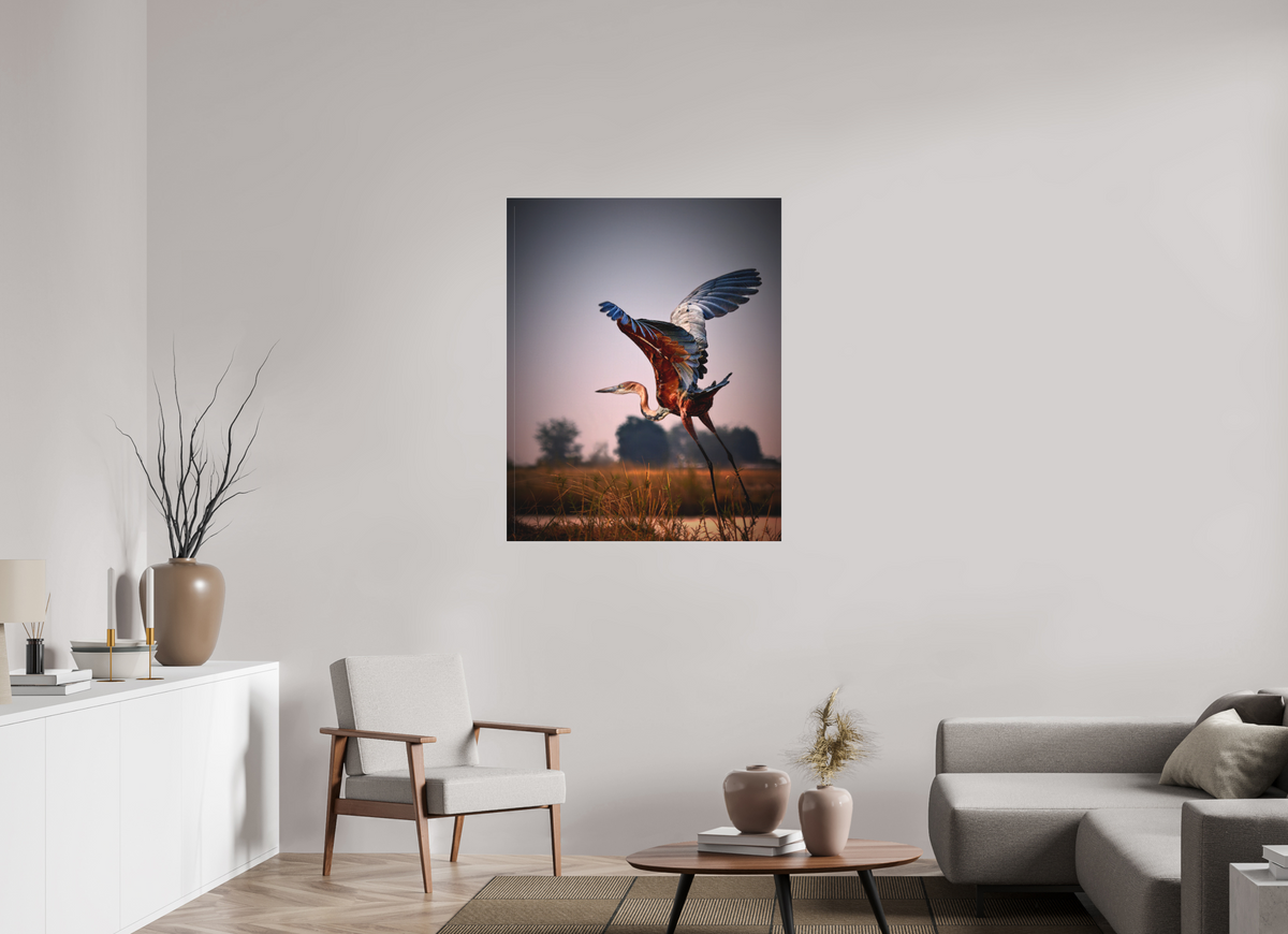 35 x 43.7″, Bonded Acrylic Silver Frame Goliath Heron Takes Flight on the Chobe River