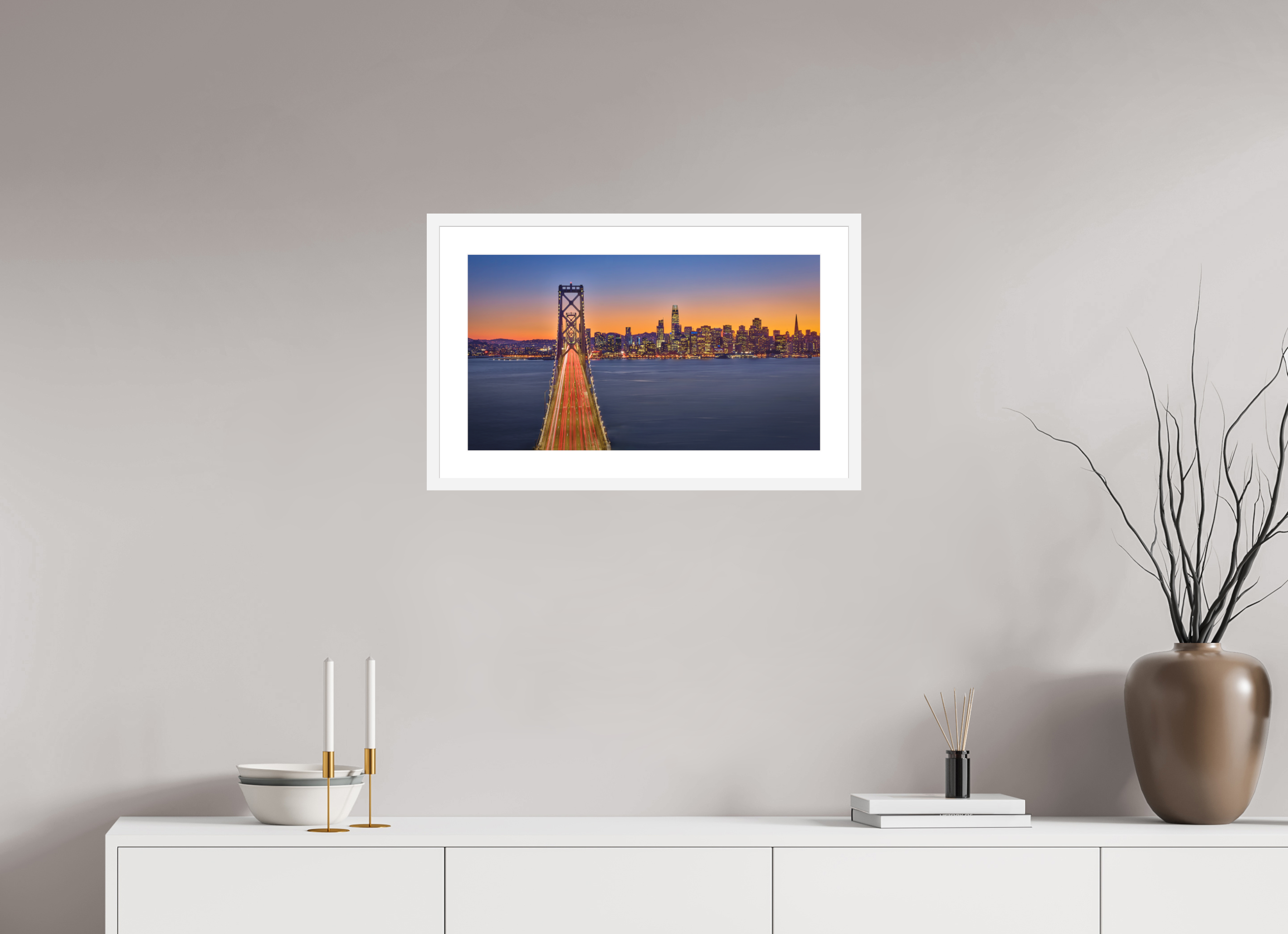 24 x 13.5″, Passe-Partout White Frame Bay Bridge & Sunset Over San Francsico