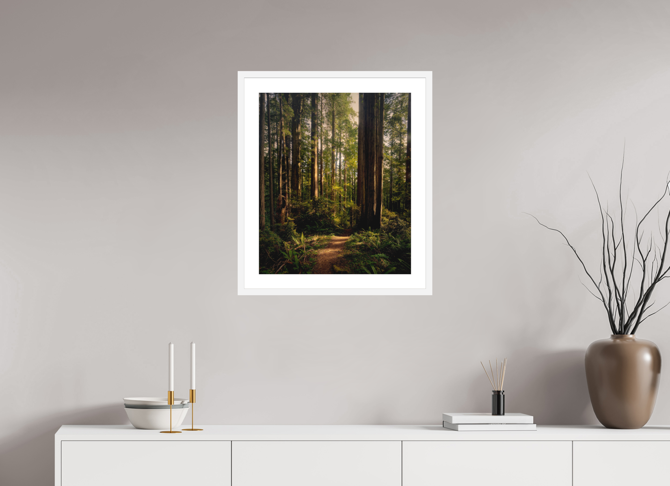 20 x 23.8″, Passe-Partout White Frame "I went to the woods . . .."