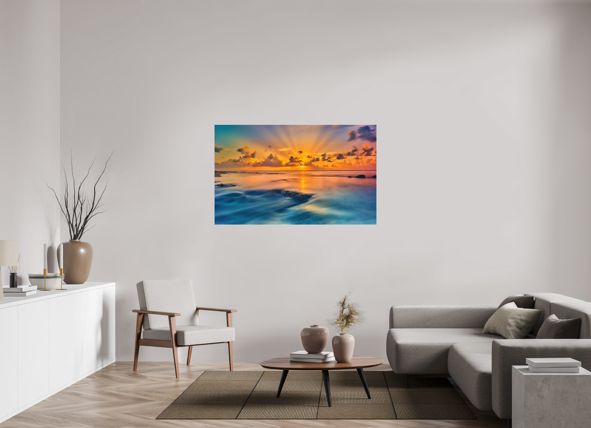 56.7 x 35″, Bonded Acrylic Silver Frame Diluvian: Bora Bora Reefside Sunrise