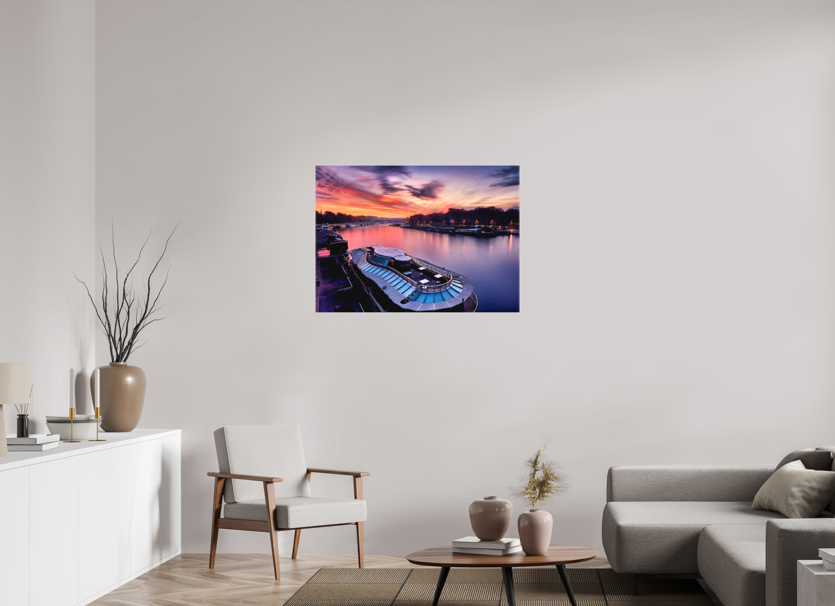 39.1 x 28″, Fine Art Textile Canal Boats On the River Seine at Dawn