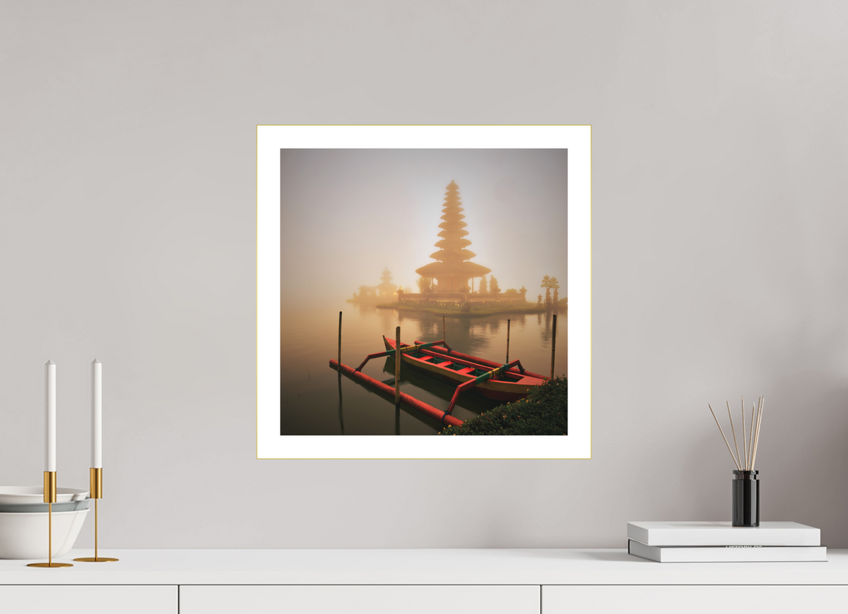 15 x 15″, Bonded Acrylic Mat + Gold Frame Bali: Temple  Pura Ulun Danu Bratan
