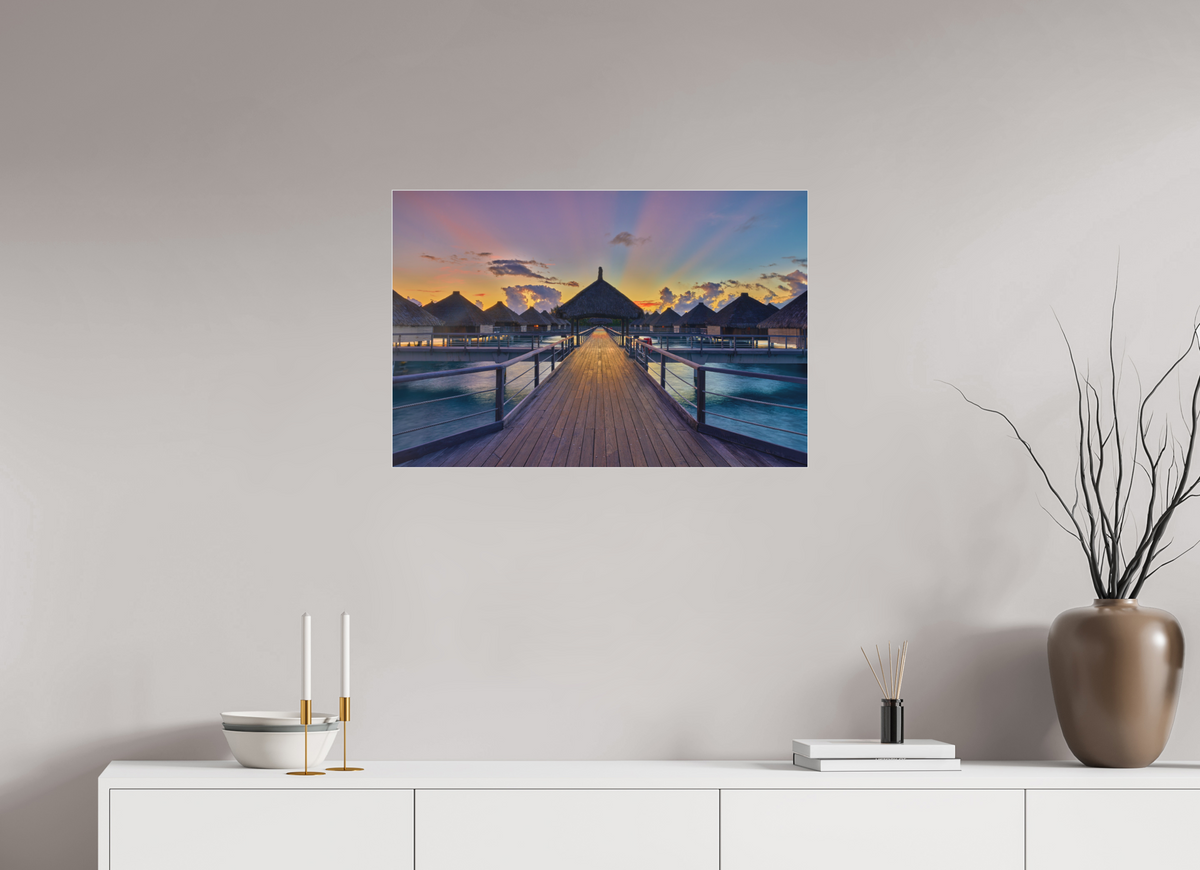 30 x 20″, Bonded Acrylic Silver Frame Sunrise Over Bora Bora Overwater Bungalows
