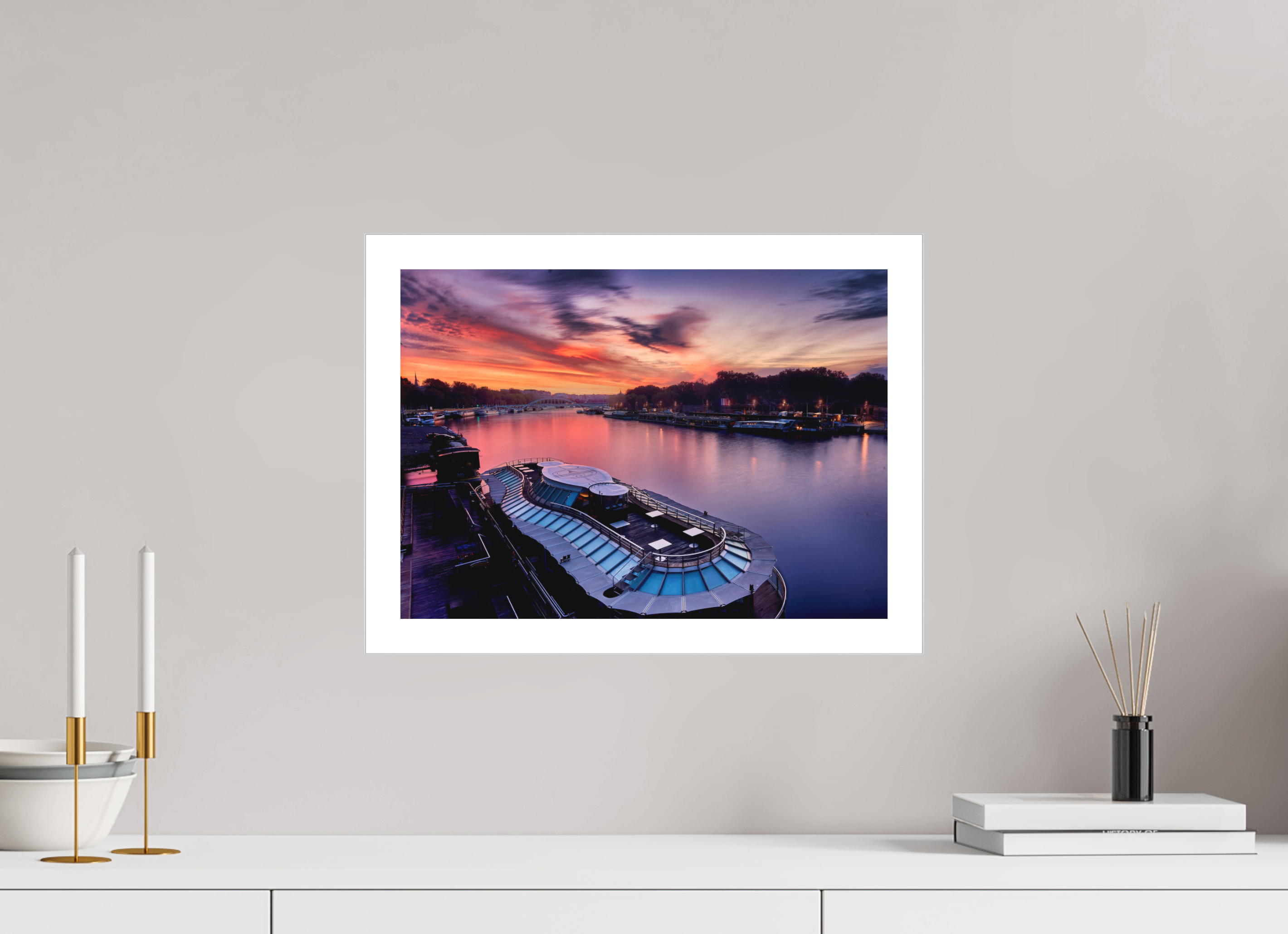 16.7 x 12″, Fine Art Bonded Acrylic Canal Boats On the River Seine at Dawn