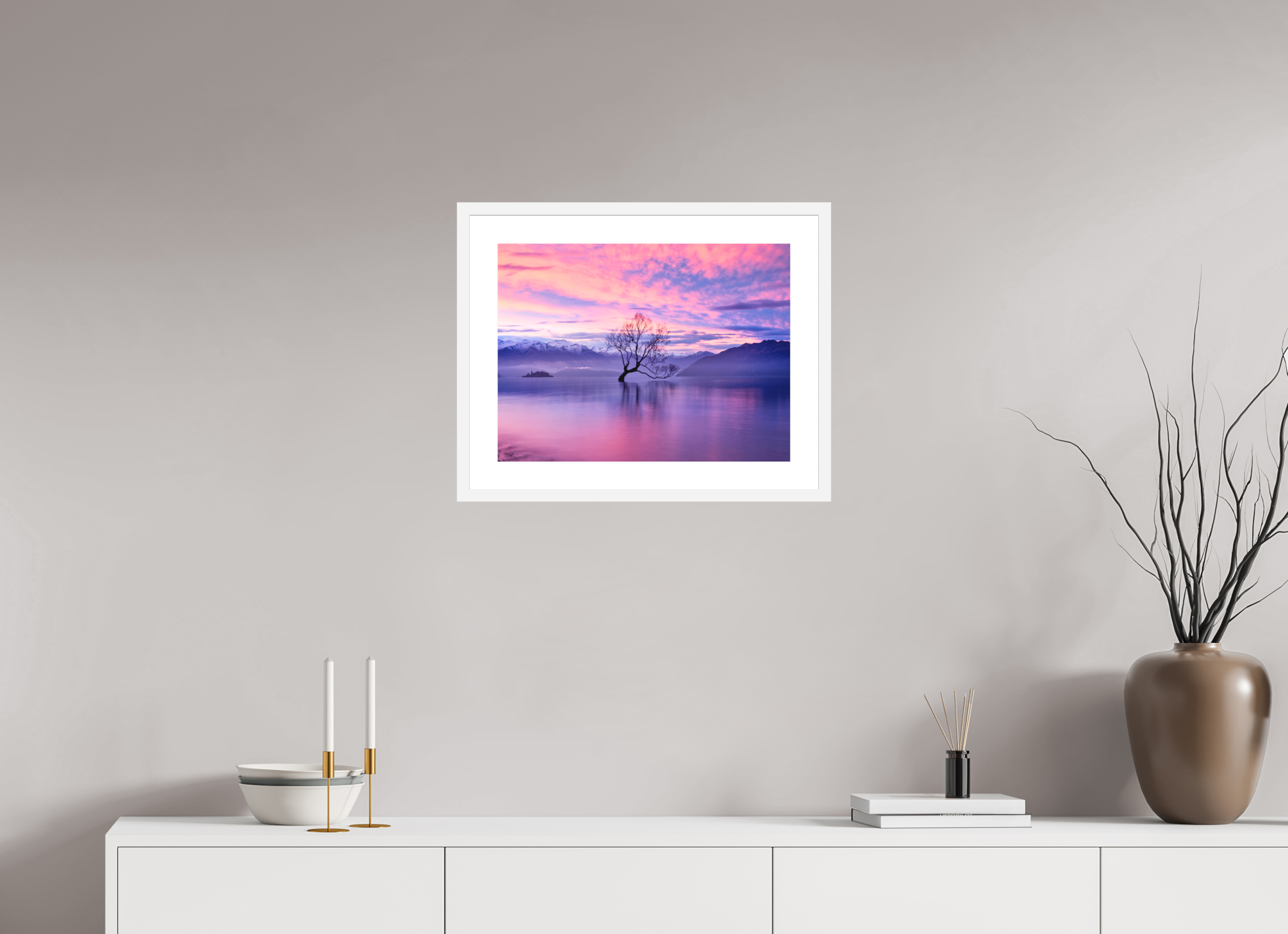 20 x 15″, Passe-Partout White Frame Wanaka II: The Wanaka Tree Beneath a Brilliant Sunset