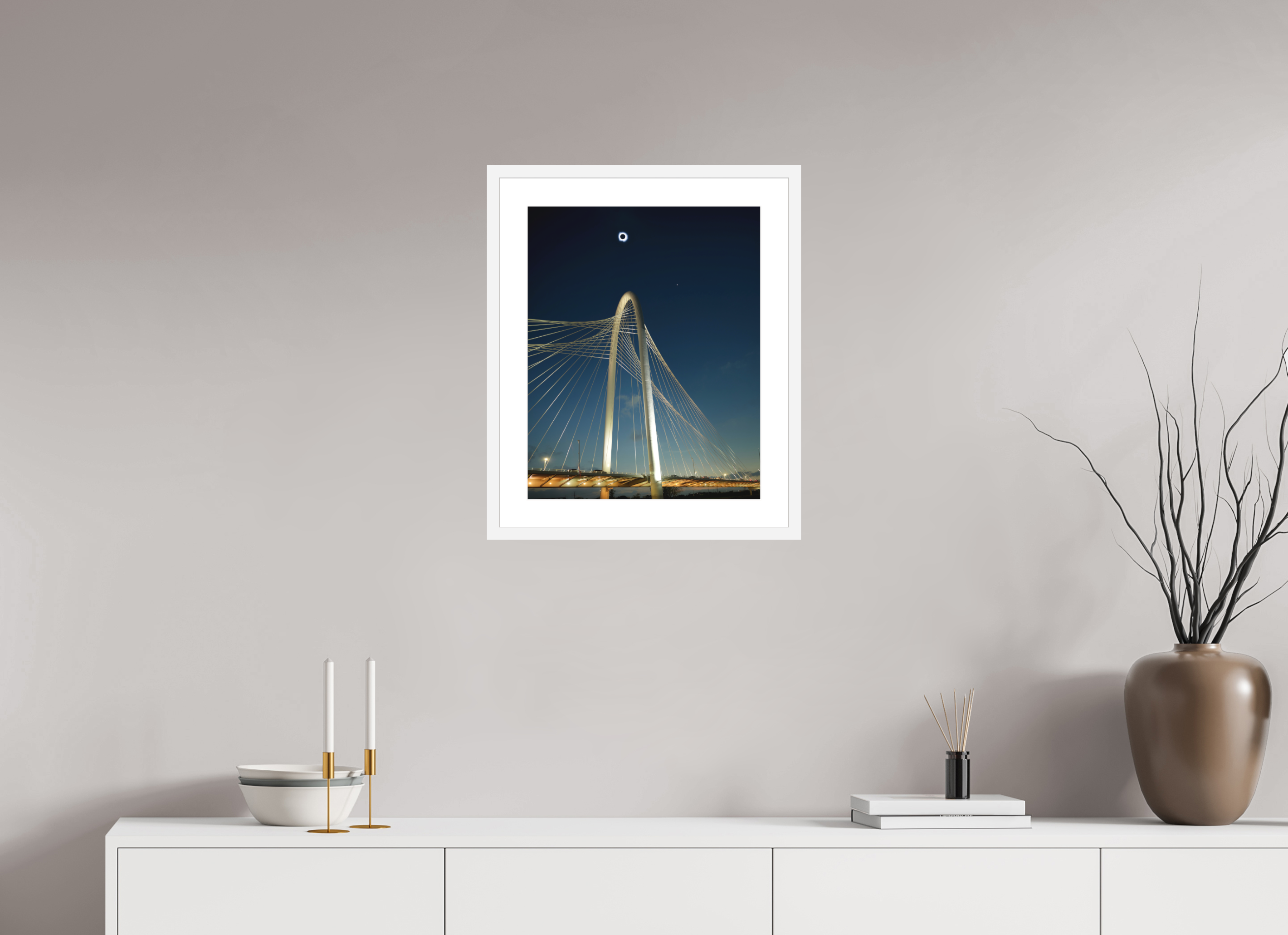 16 x 20″, Passe-Partout White Frame 2024 Eclipse: Over Margaret Hunt Hill Bridge