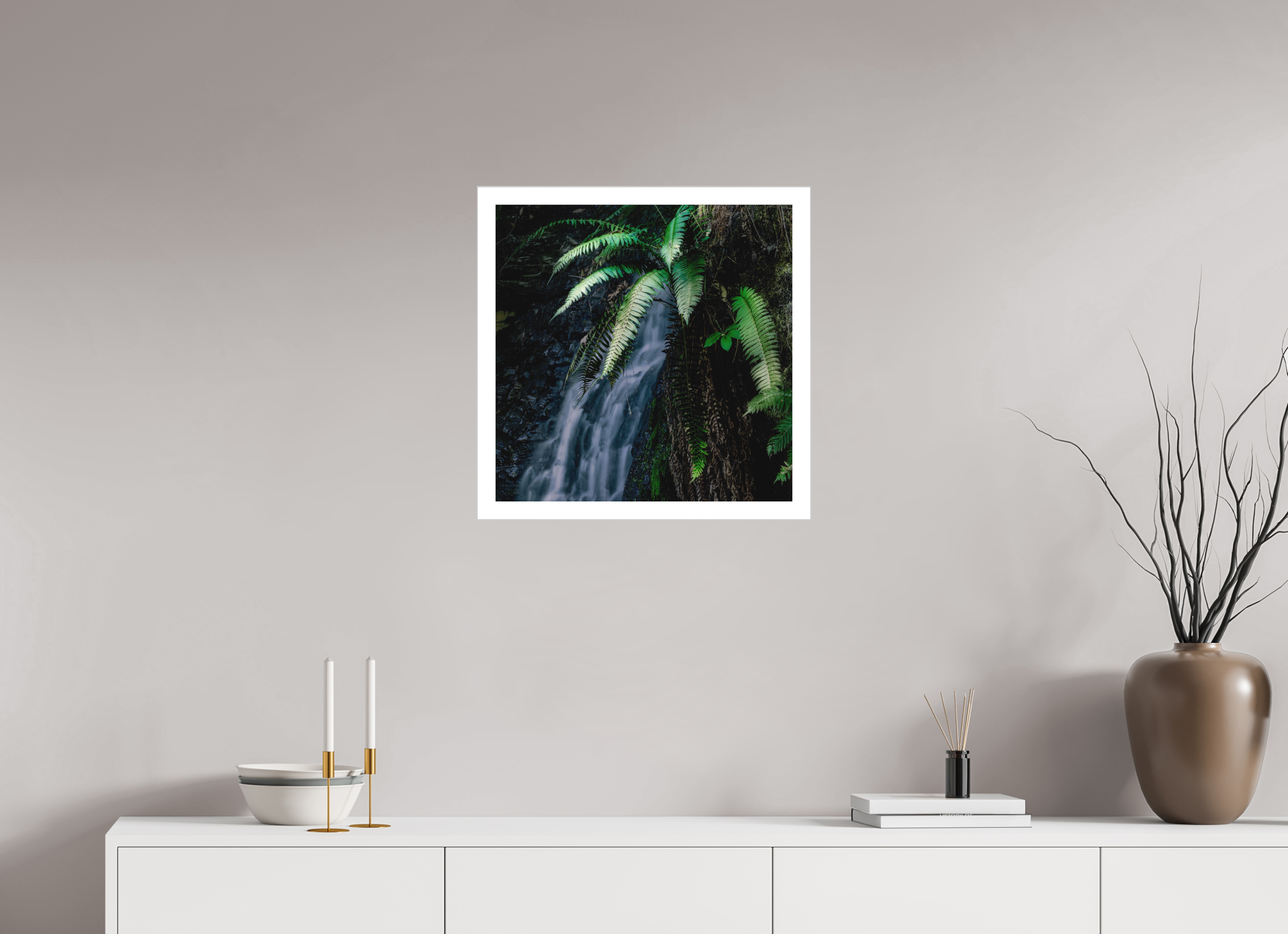 20 x 20″, Fine Art Bonded Acrylic Sword Ferns on Tiptoe FallsI
