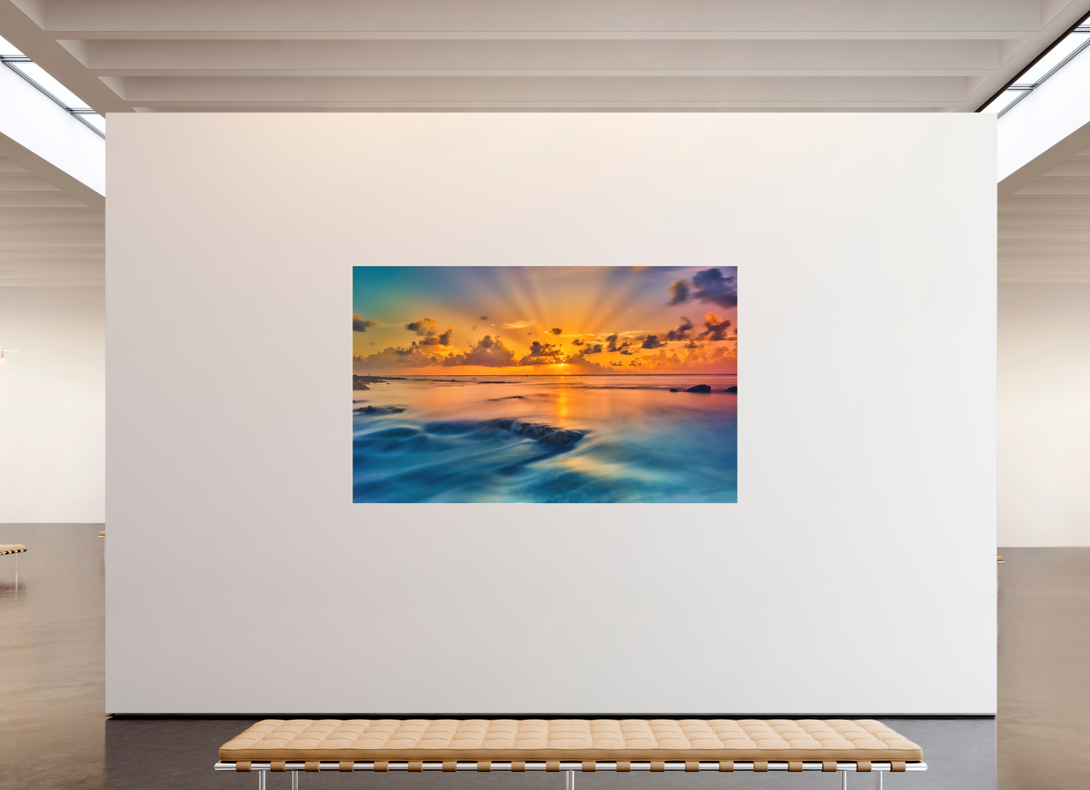 89.1 x 55″, Bonded Acrylic Gold Frame Diluvian: Bora Bora Reefside Sunrise