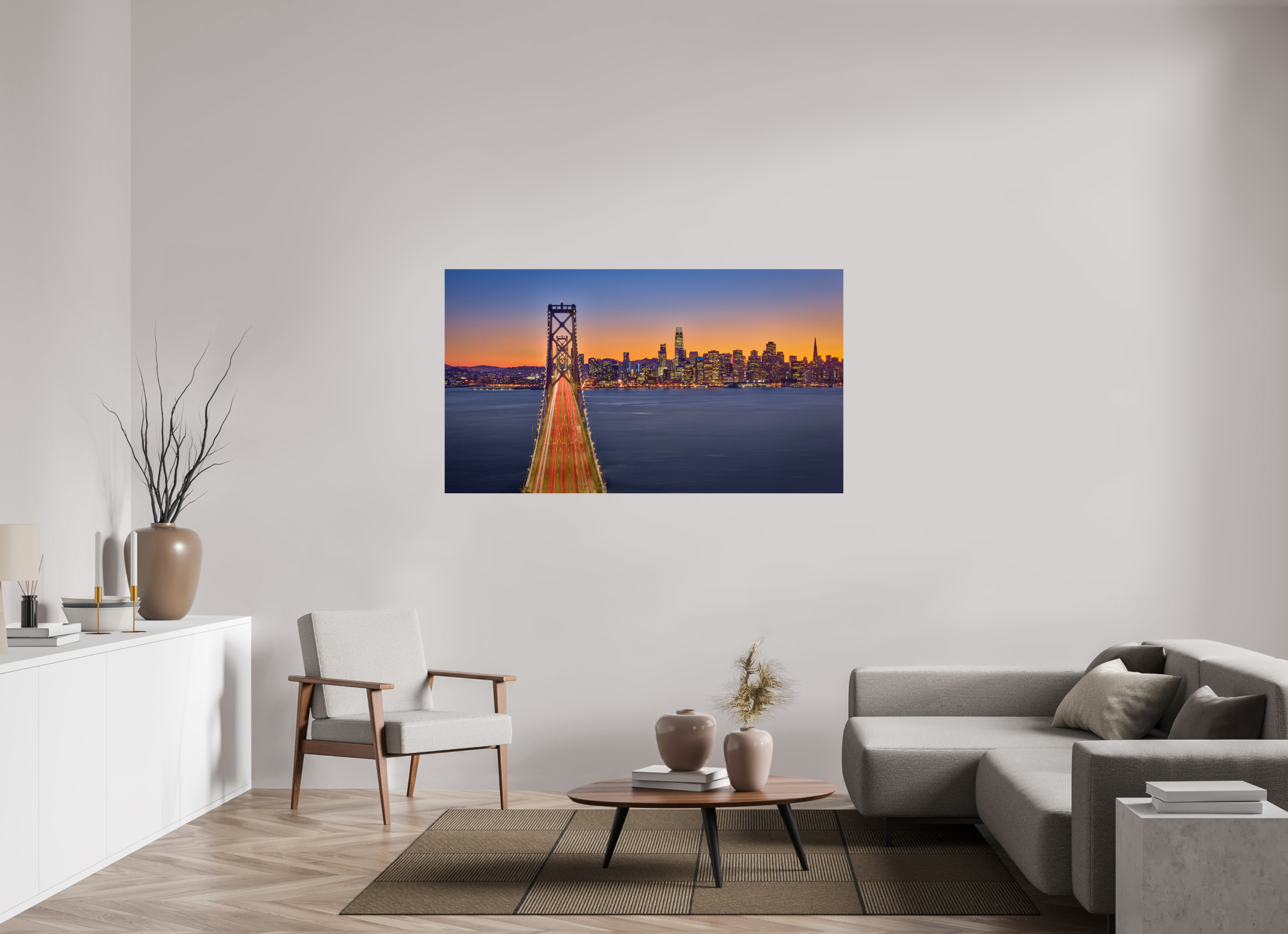 64 x 36″, Giclée Alu-Dibond Bay Bridge & Sunset Over San Francsico