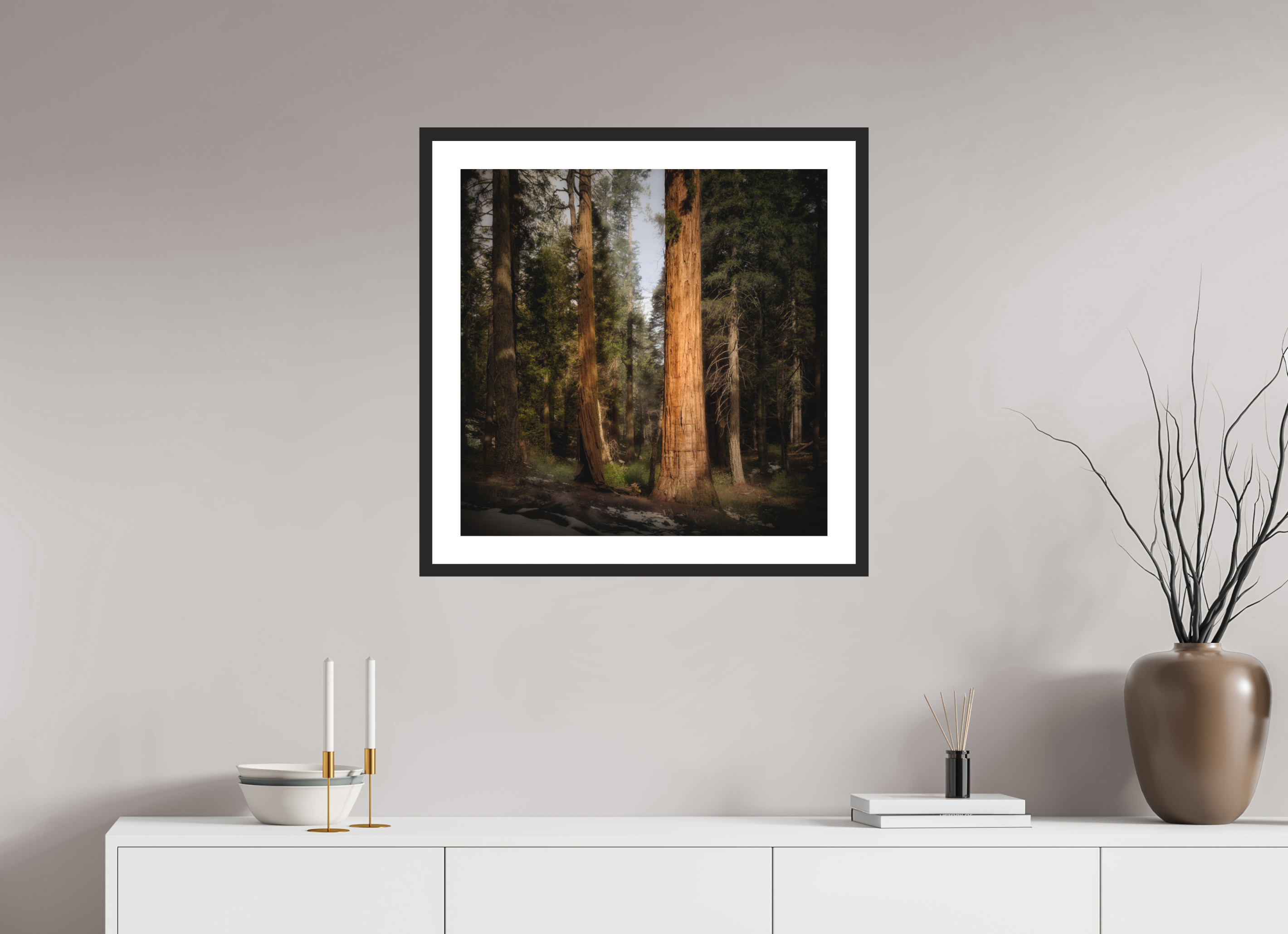 25 x 25″, Passe-Partout Black Frame Northern Sentinels I: The Placer County Sequoias