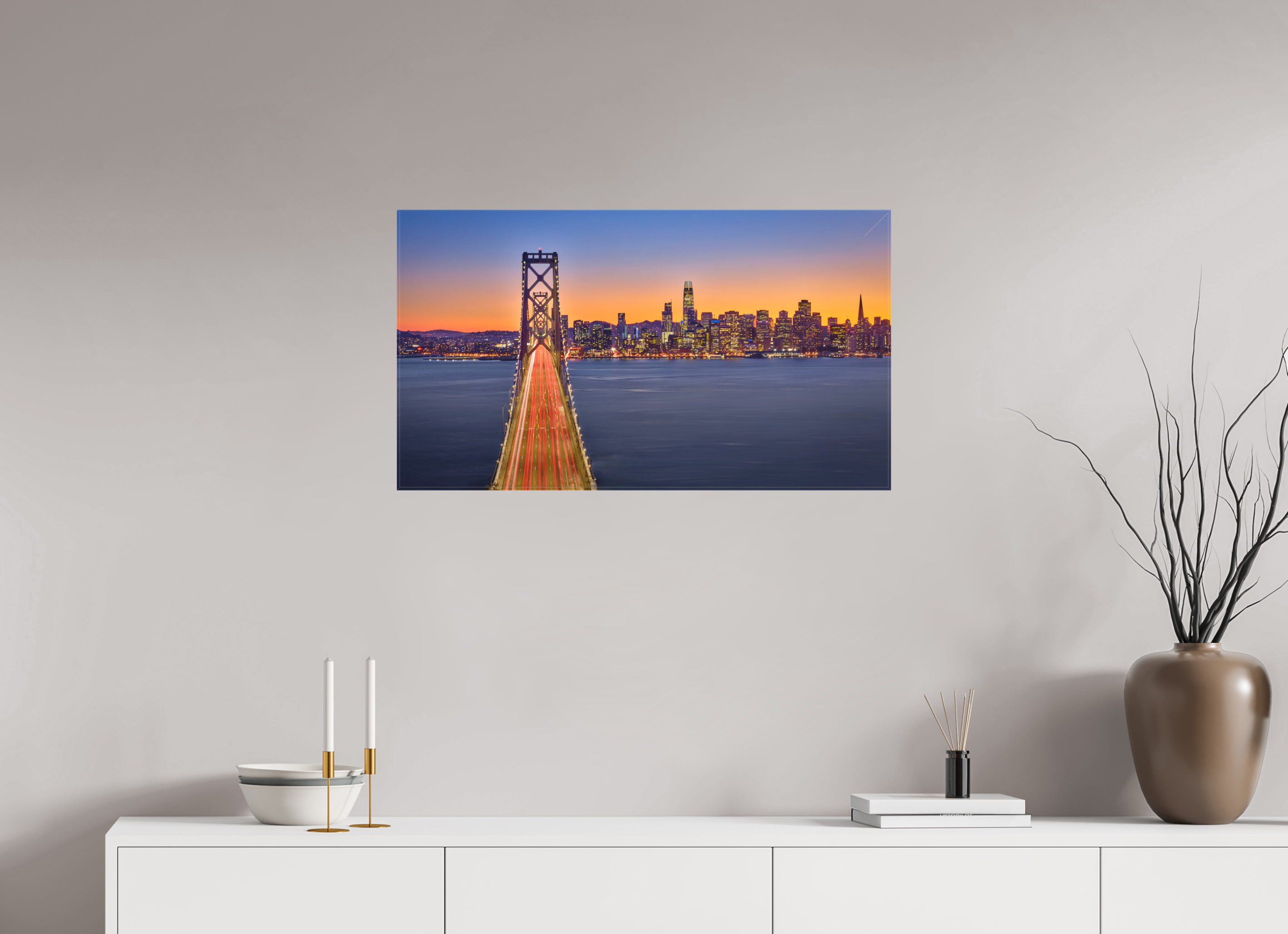 32 x 18″, Fine Art Textile Bay Bridge & Sunset Over San Francsico