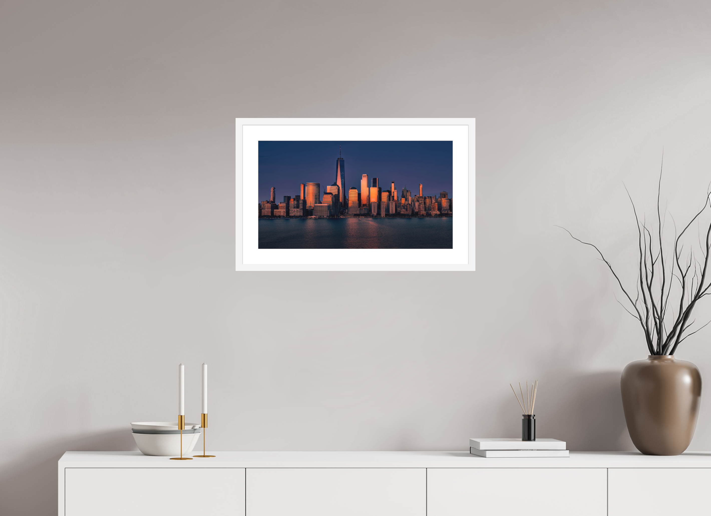24 x 13.5″, Passe-Partout White Frame Manhattan Reflects the End of the Day
