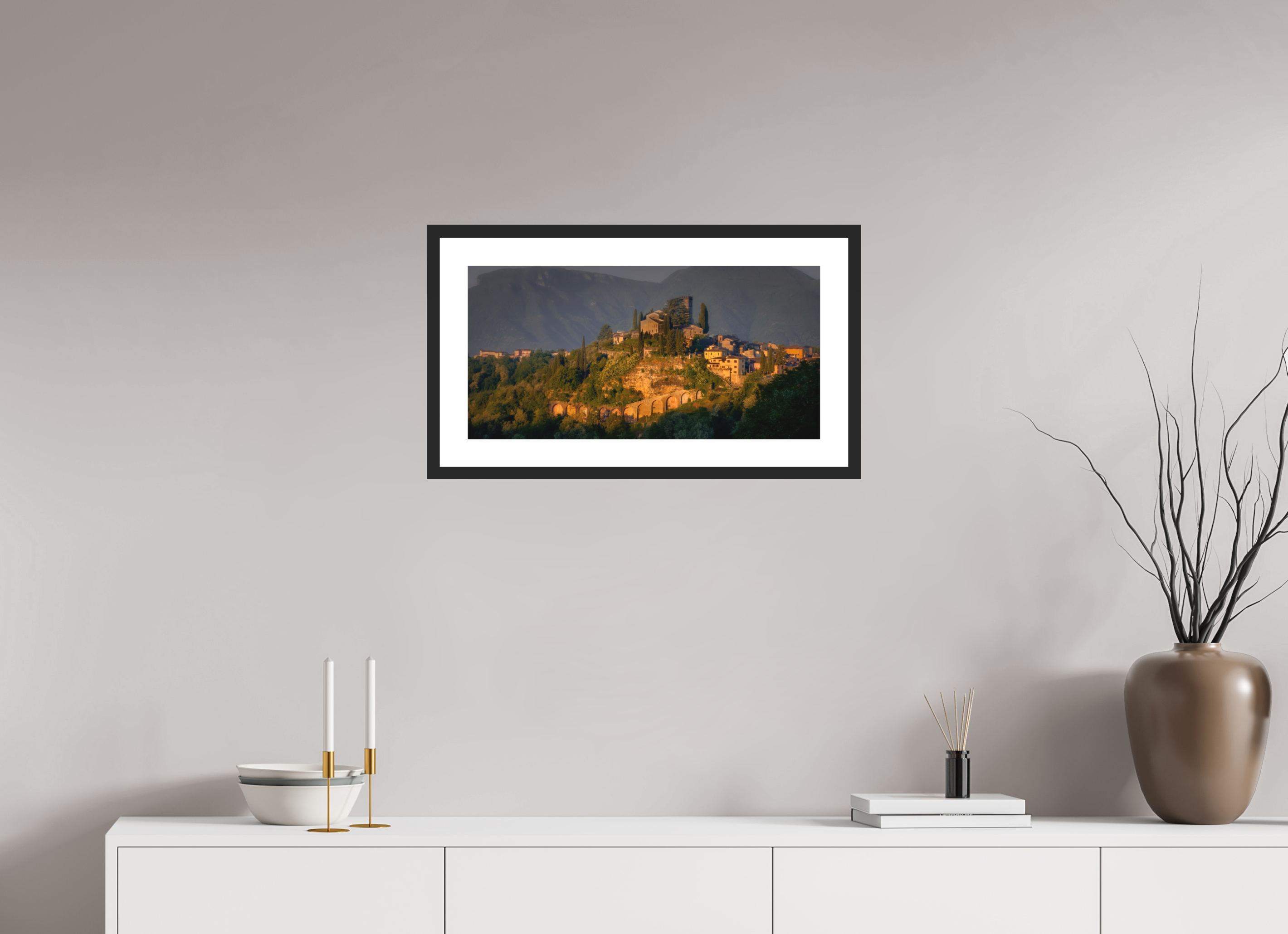 24 x 12″, Passe-Partout Black Frame Morning Glow on Barga, Tuscany
