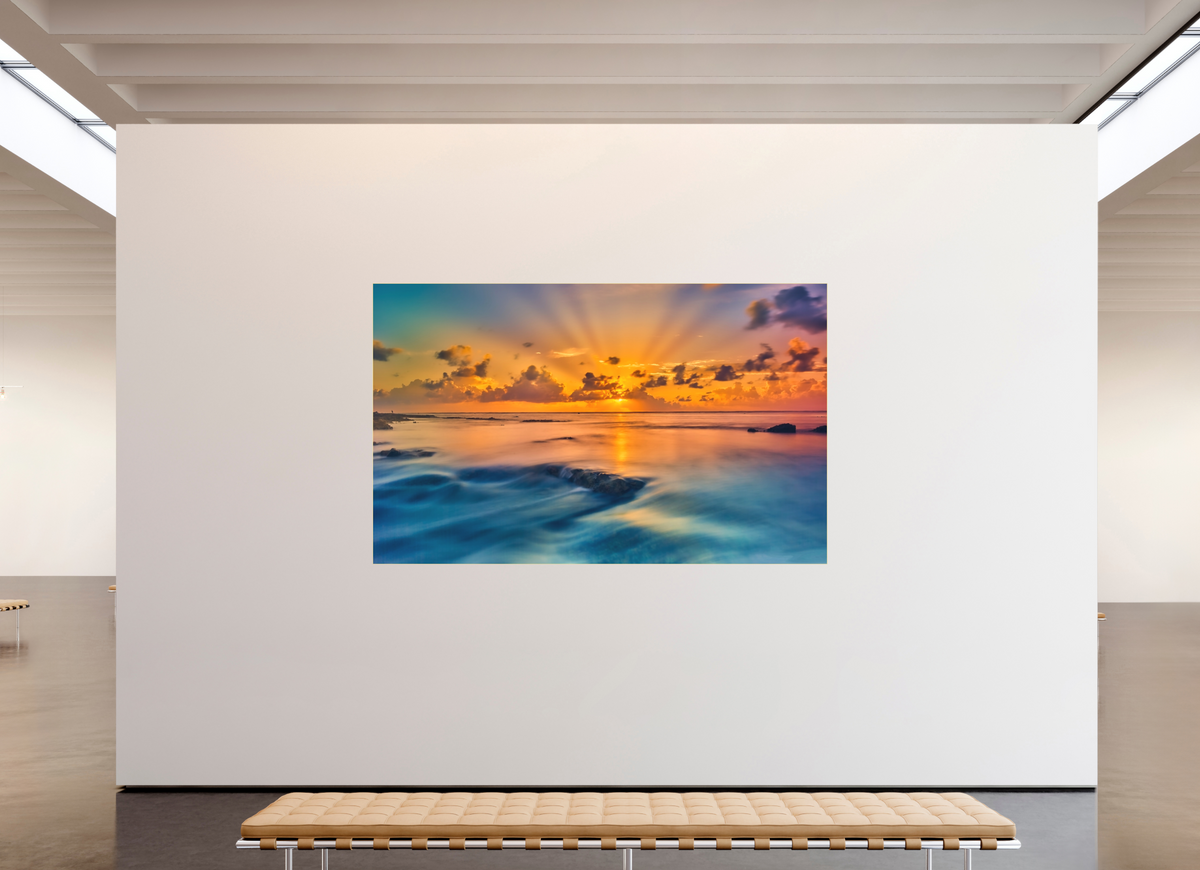 95.6 x 59″, Bonded Acrylic Gold Frame Diluvian: Bora Bora Reefside Sunrise