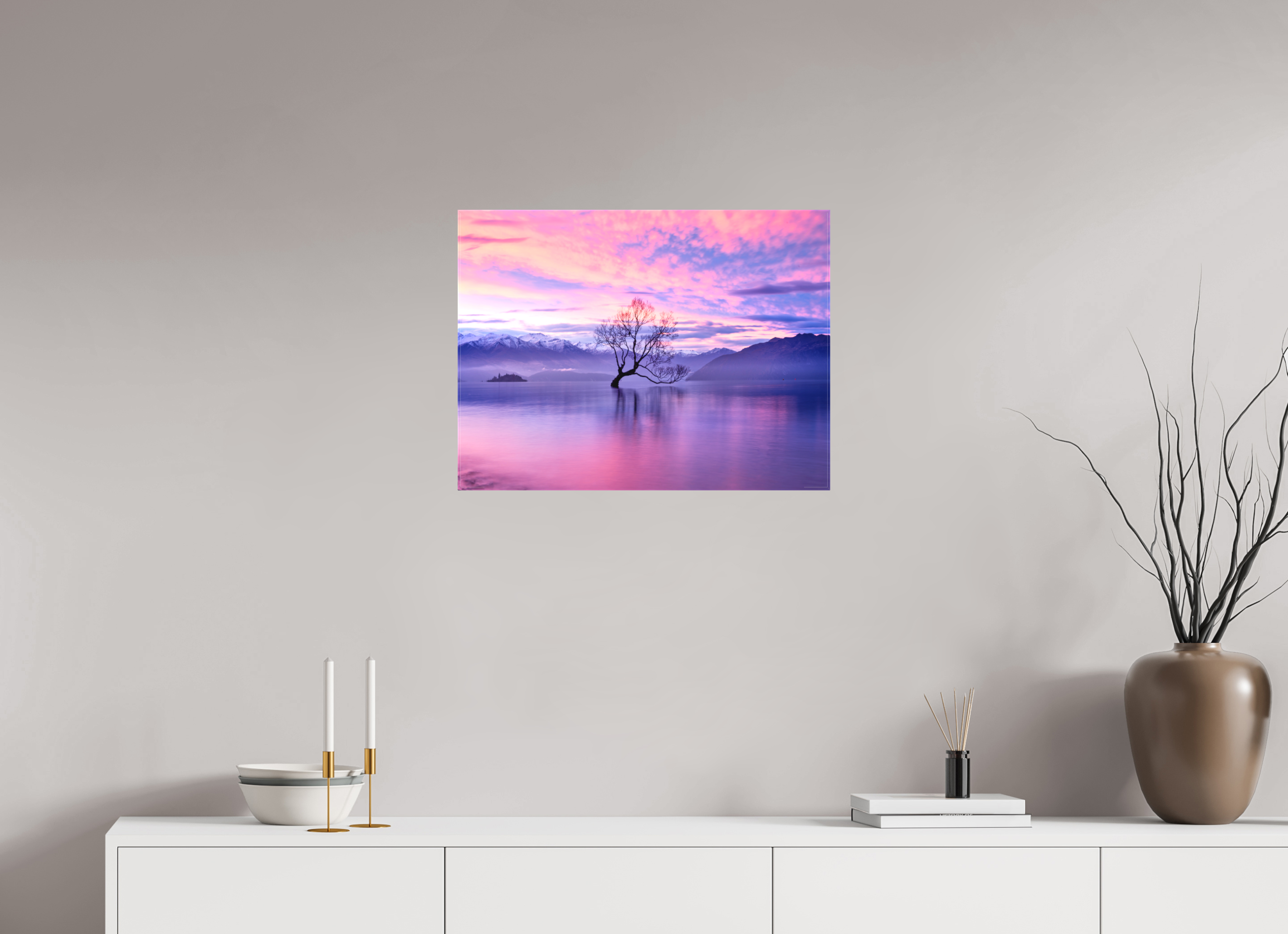 24 x 18″, Fine Art Textile Wanaka II: The Wanaka Tree Beneath a Brilliant Sunset