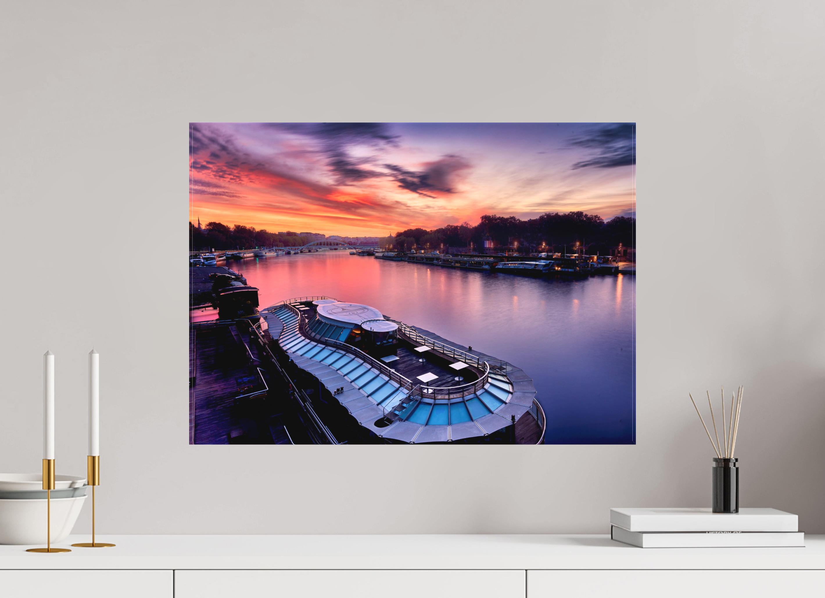 22.3 x 16″, Fine Art Textile Canal Boats On the River Seine at Dawn