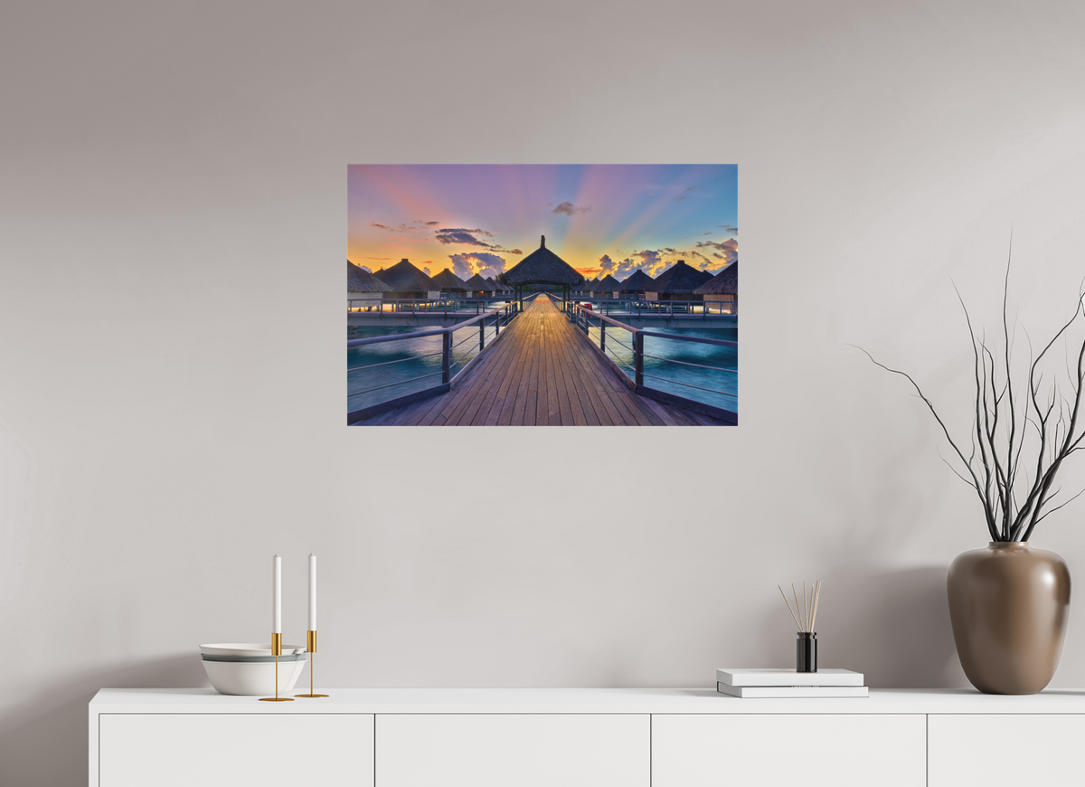 30 x 20″, Fine Art Textile Sunrise Over Bora Bora Overwater Bungalows