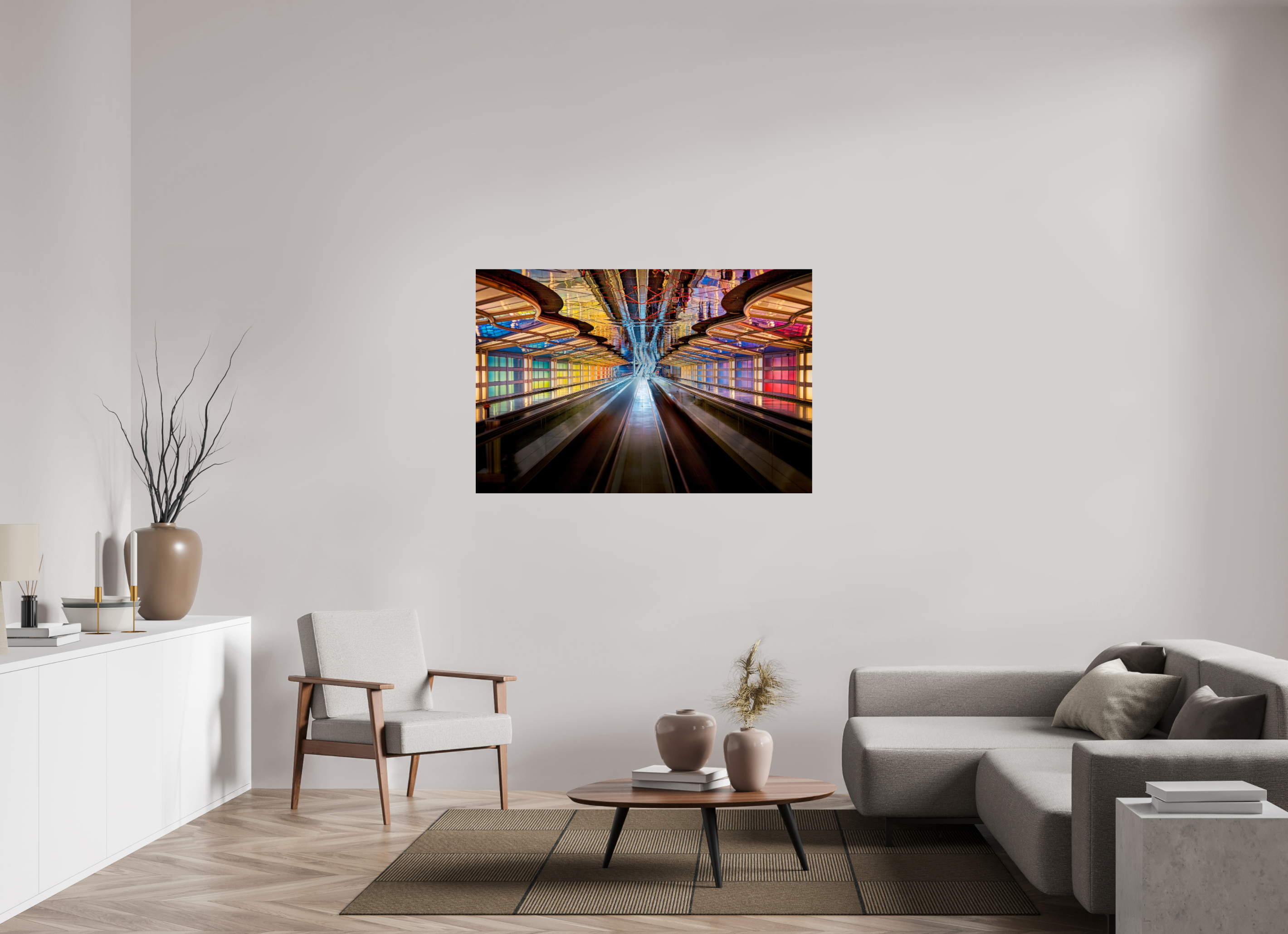 54 x 36″, Giclée Alu-Dibond Chicago O'Hare Airport's Neon Walkway