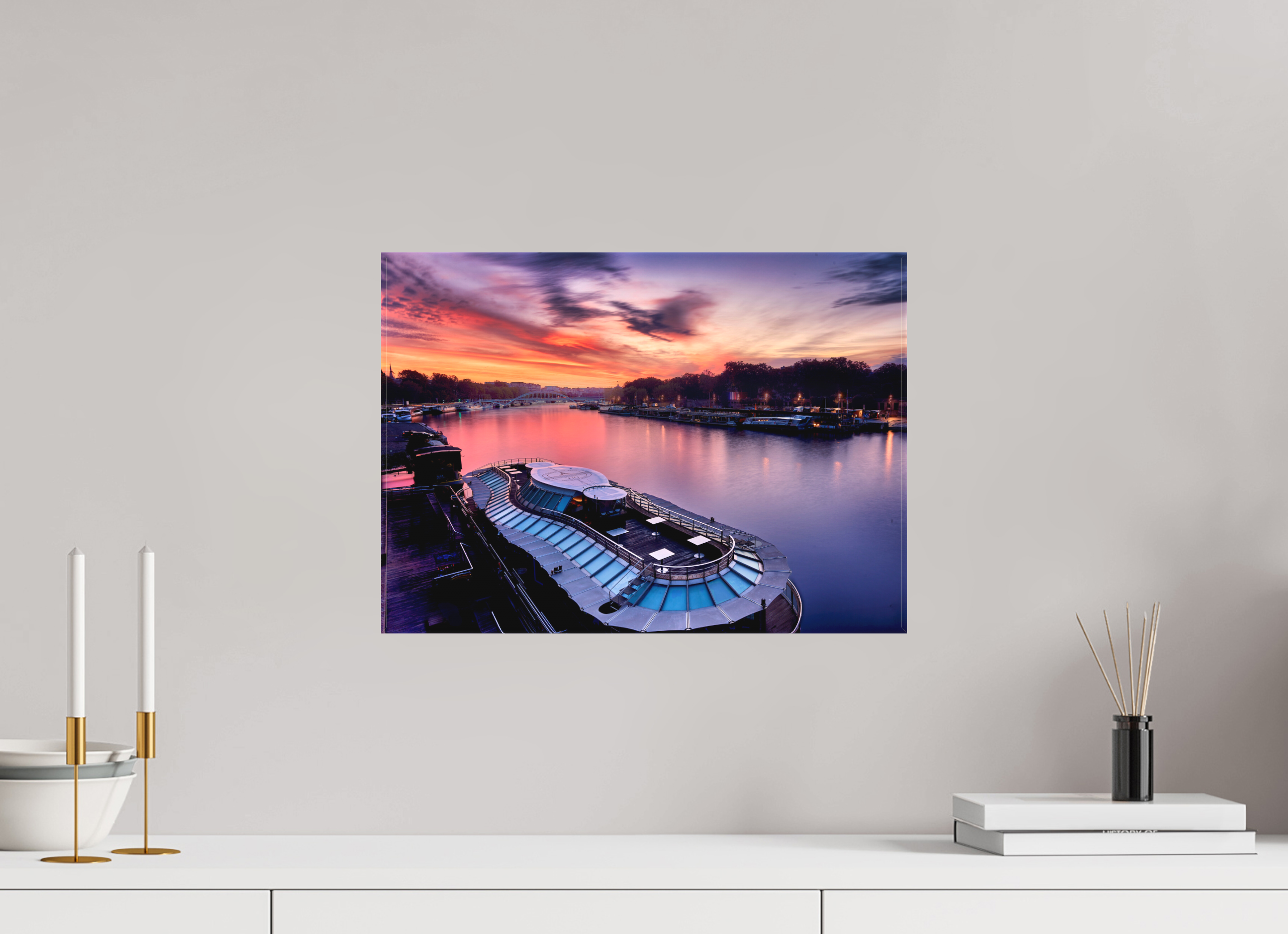 16.7 x 12″, Fine Art Textile Canal Boats On the River Seine at Dawn