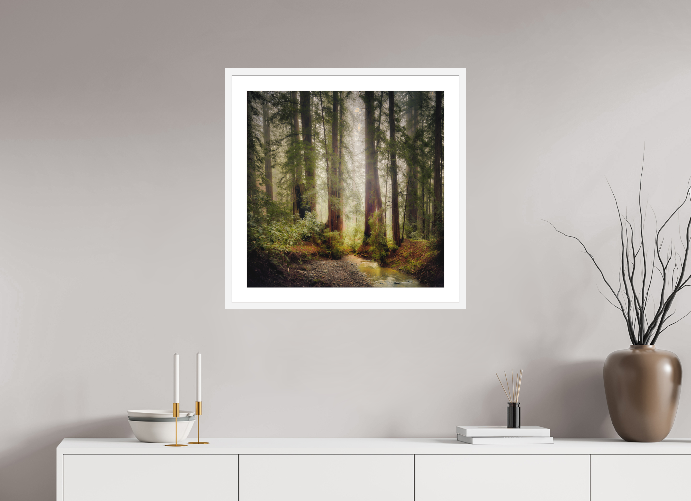25 x 25″, Passe-Partout White Frame Armstrong Woods IV: Lucem in Nemore