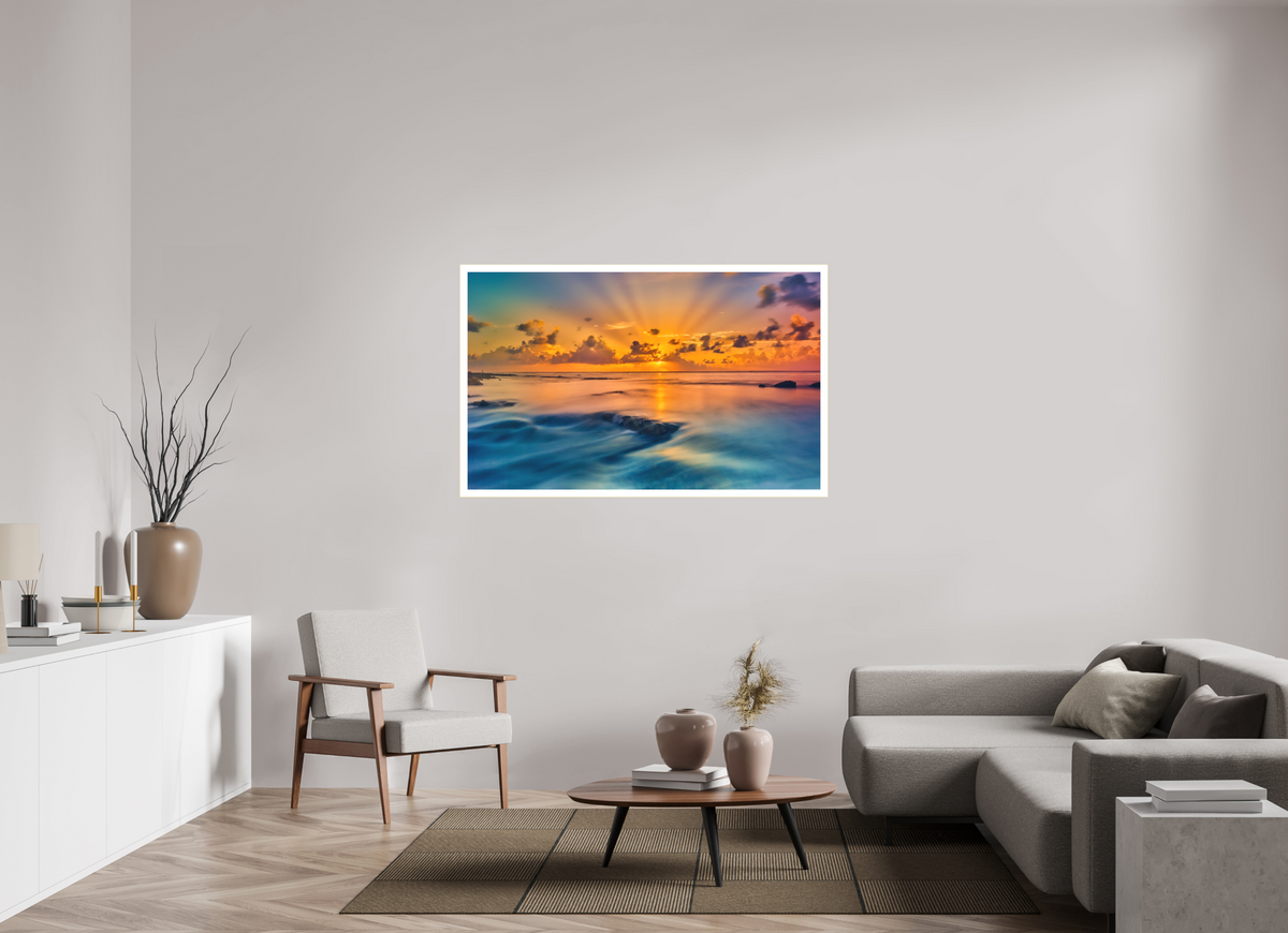 56.7 x 35″, Bonded Acrylic Mat + Gold Frame Diluvian: Bora Bora Reefside Sunrise