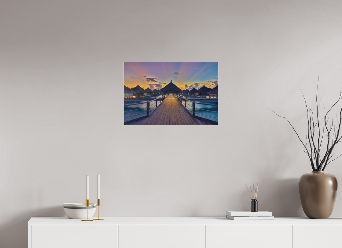 24 x 16″, Bonded Acrylic Silver Frame Sunrise Over Bora Bora Overwater Bungalows