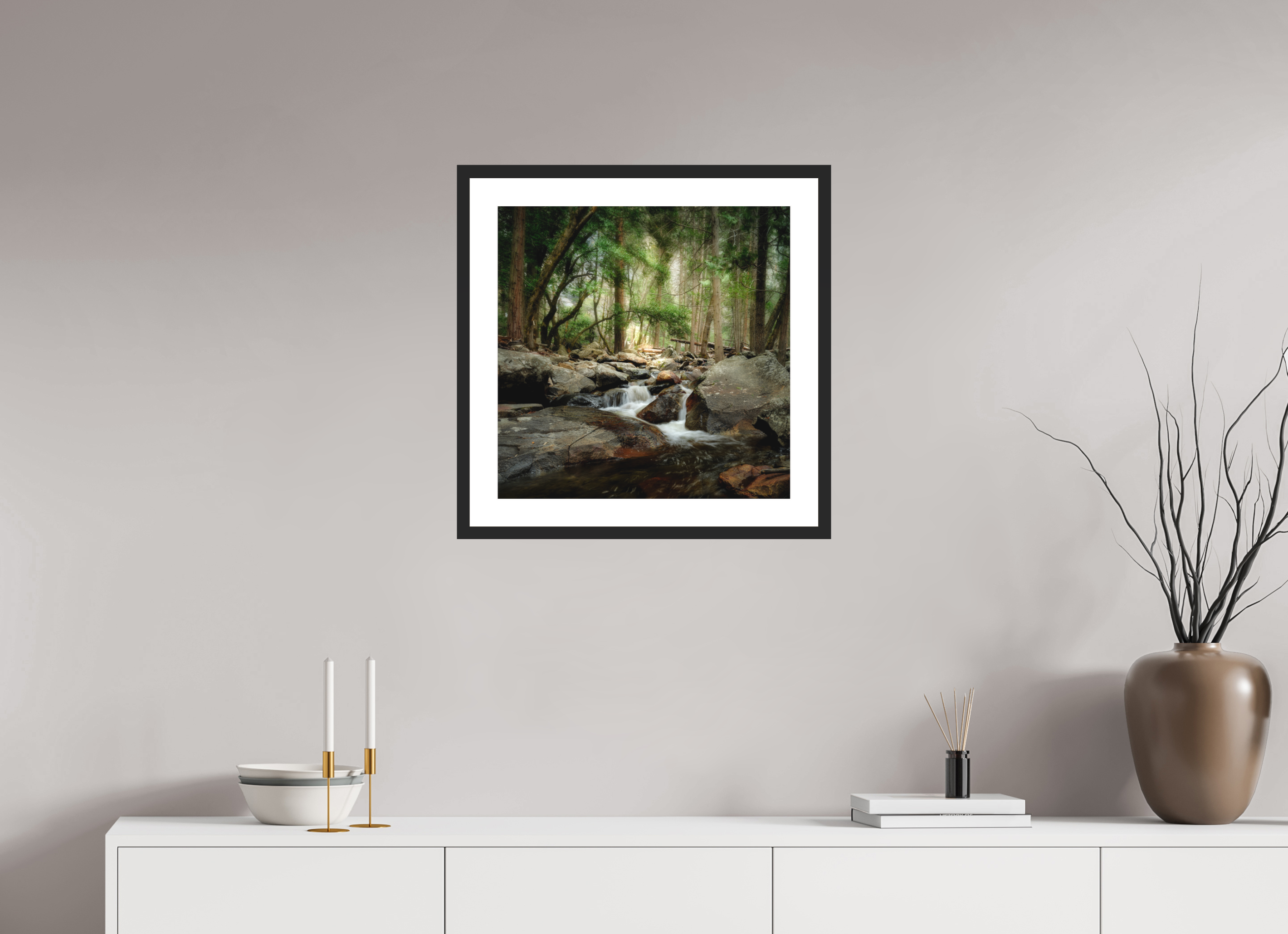 20 x 20″, Passe-Partout Black Frame Bridalveil Creek