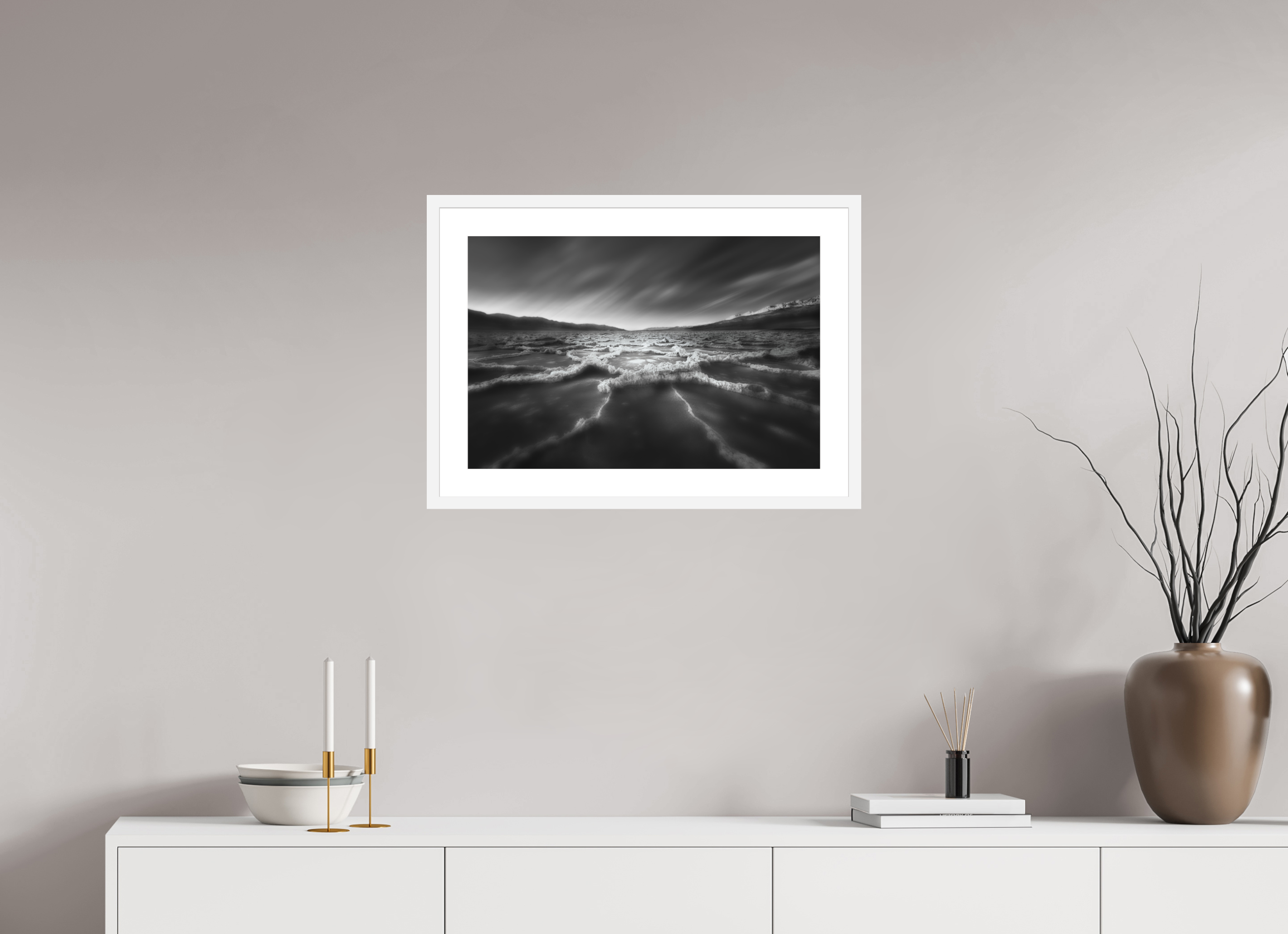 24 x 16″, Passe-Partout White Frame Death Valley's Badwater Basin in Monochrome