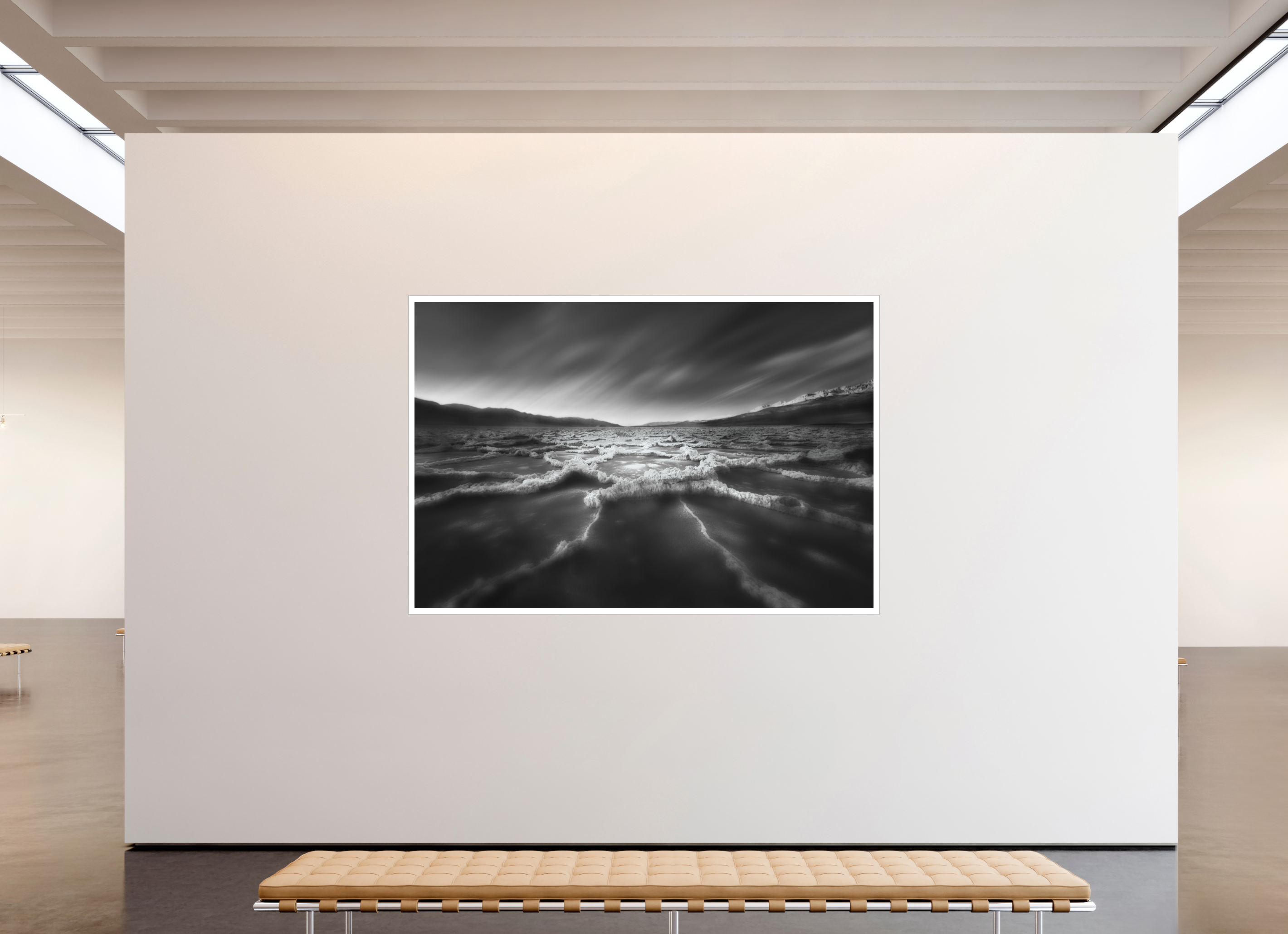 90 x 60″, Bonded Acrylic Mat + Black Frame Death Valley's Badwater Basin in Monochrome