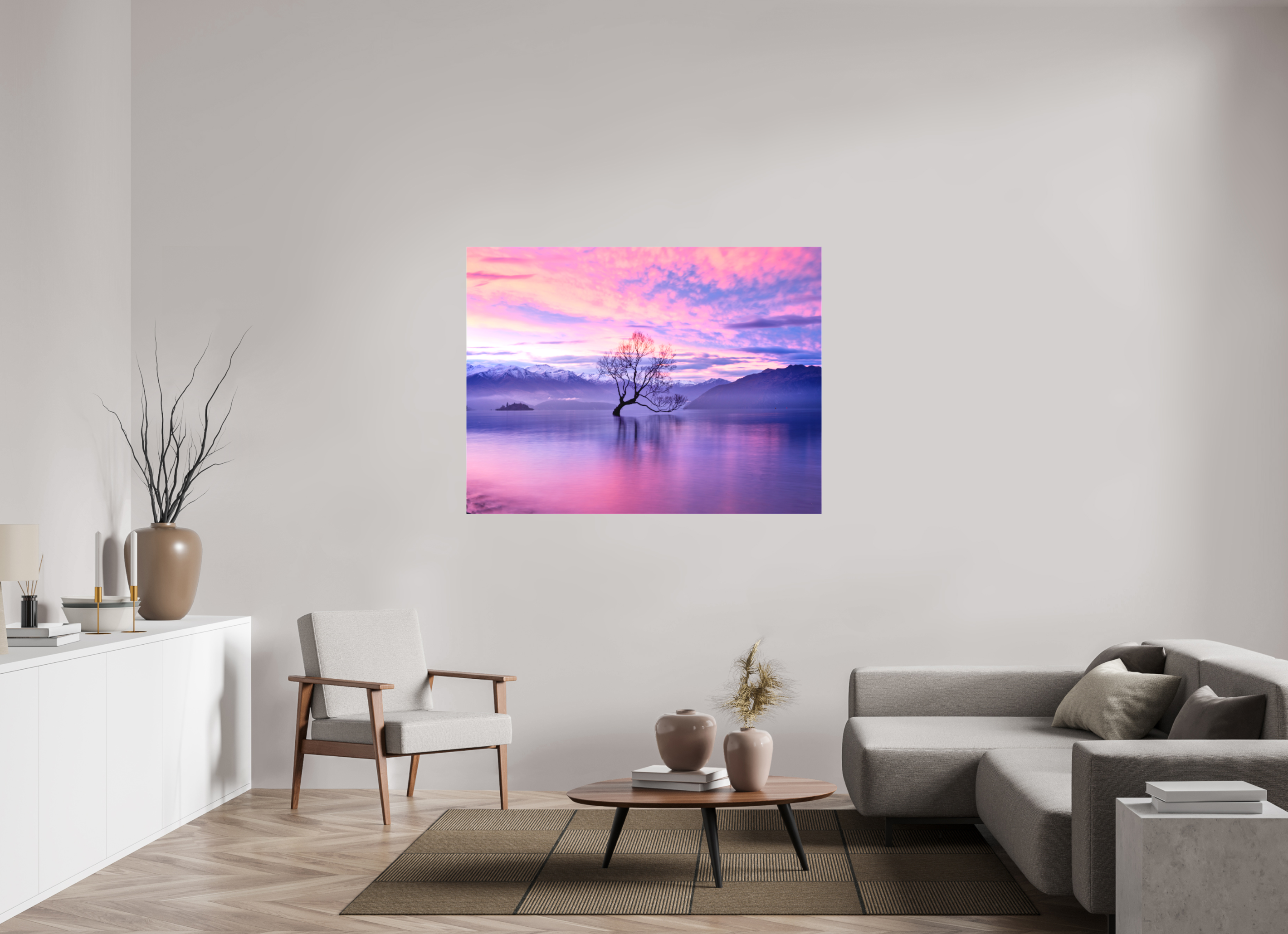 56 x 42″, Fine Art Textile Wanaka II: The Wanaka Tree Beneath a Brilliant Sunset