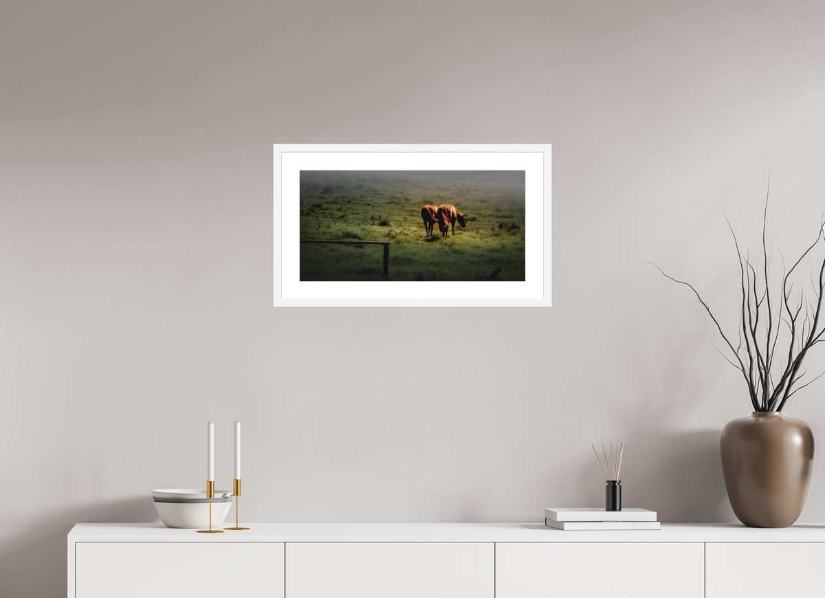 24 x 12″, Passe-Partout White Frame Upcountry Maui: Horses in Mist & Light