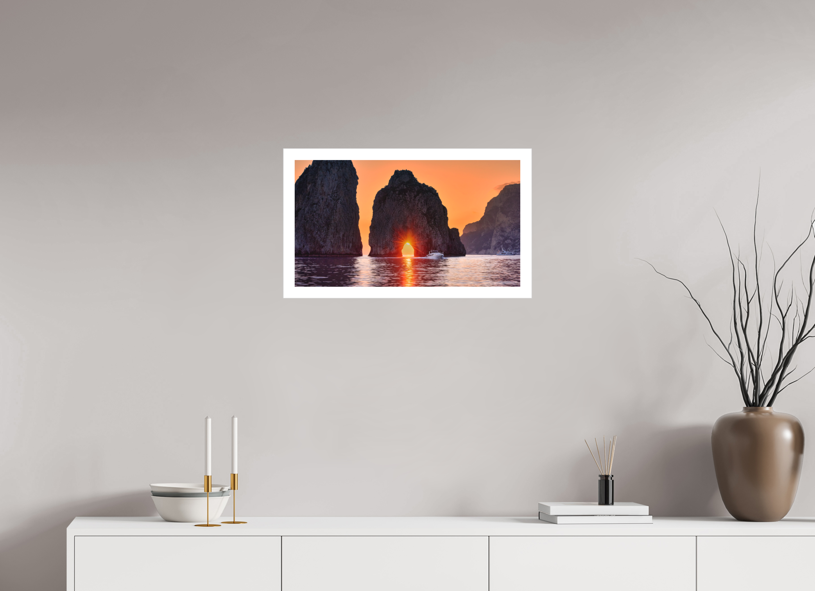 24 x 13.5″, Bonded Acrylic Mat + Silver Frame Leaving Capri—Faraglioni Sunstar at Sunset