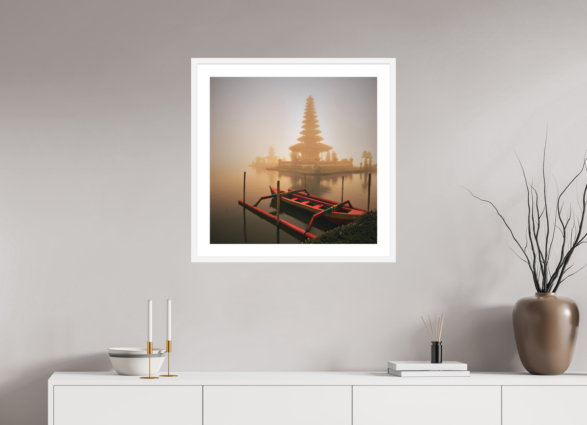 25 x 25″, Passe-Partout White Frame Bali: Temple  Pura Ulun Danu Bratan