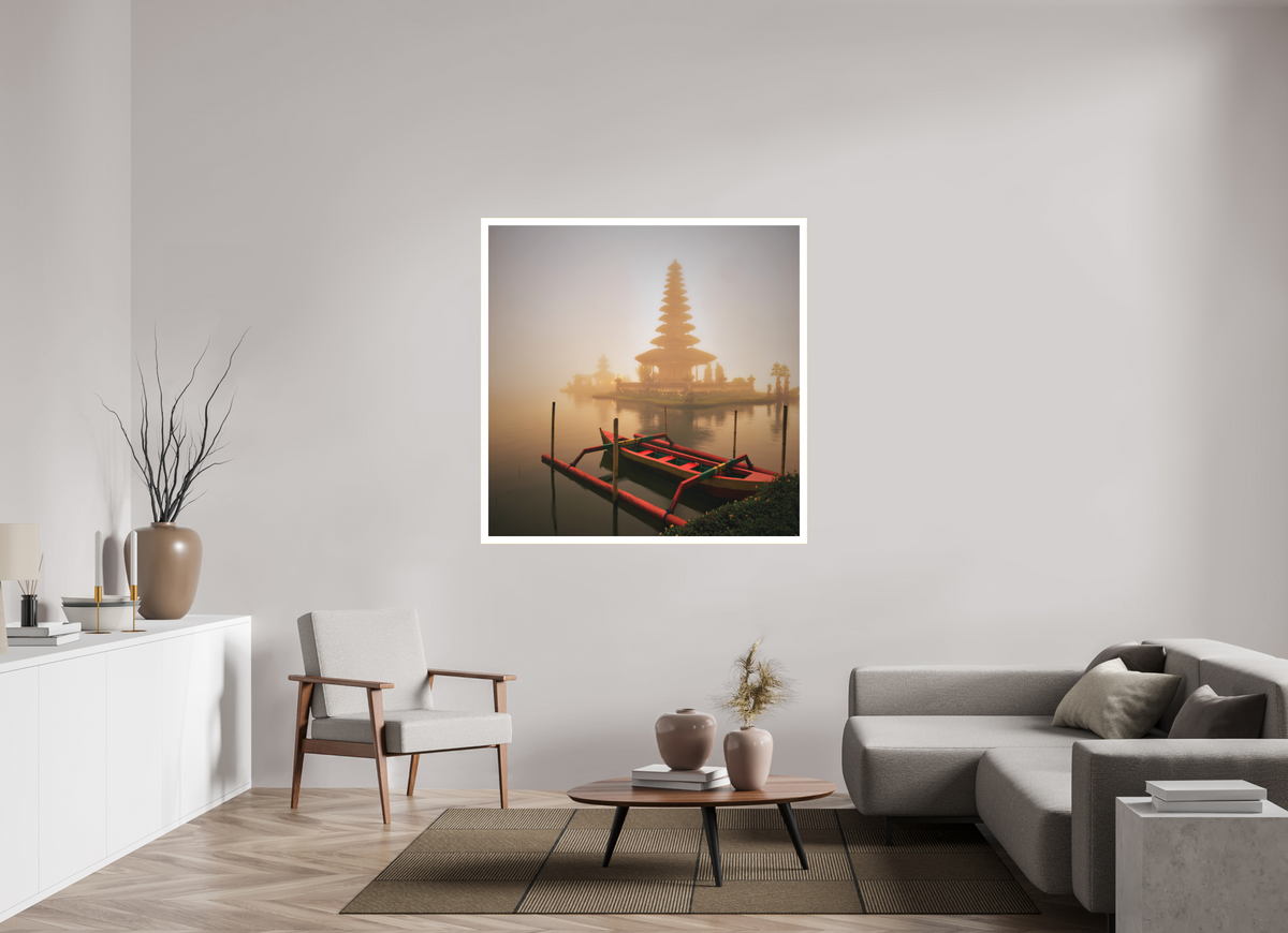 50 x 50″, Bonded Acrylic Mat + Gold Frame Bali: Temple  Pura Ulun Danu Bratan
